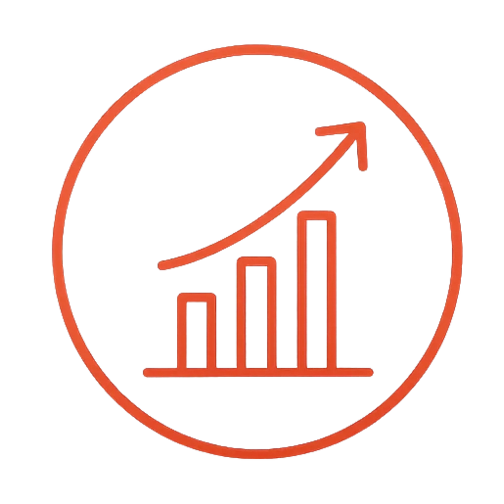 Red circular icon with a bar graph and an upward trending arrow.