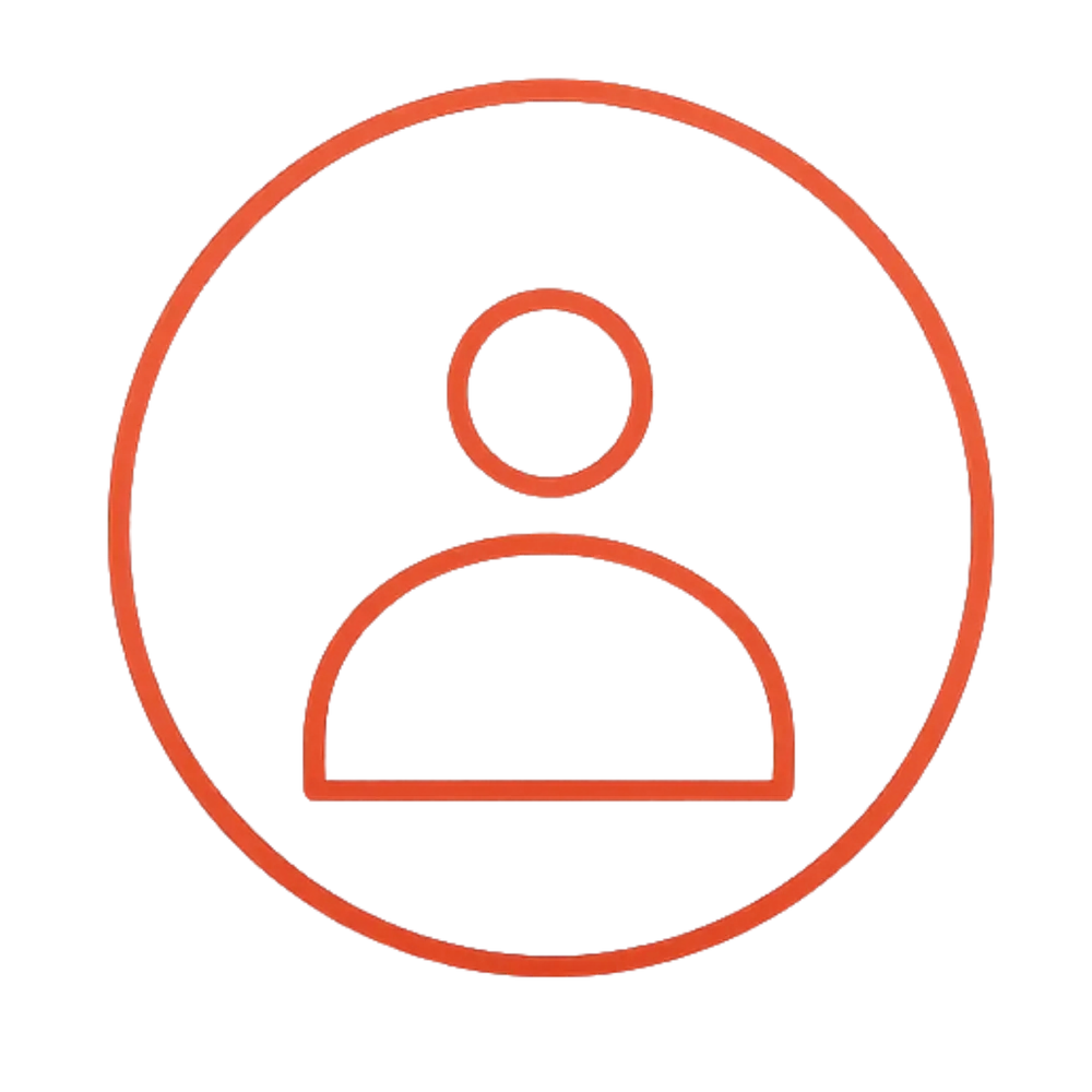 Neon red outline avatar icon of a person on a black background.