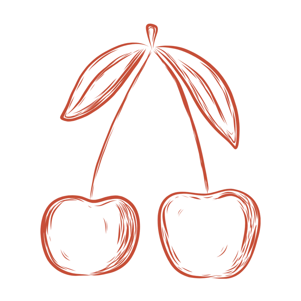 Line drawing of an umbrella with two cherries at the bottom.