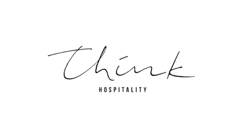 Black background with the word "think" written in cursive and "hospitality" printed below, which is a logo.