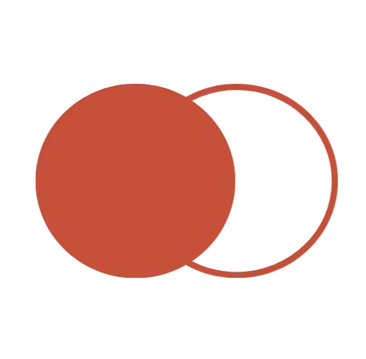 Two overlapping circles, one fully filled with a reddish-orange color and the other outlined in red, against a black background.