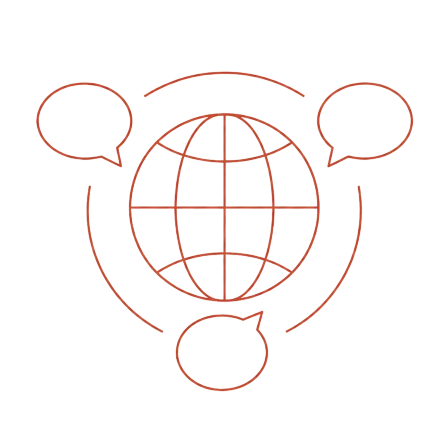 A digital illustration of a globe with speech bubbles and circular arrows, representing our cultural fluency.