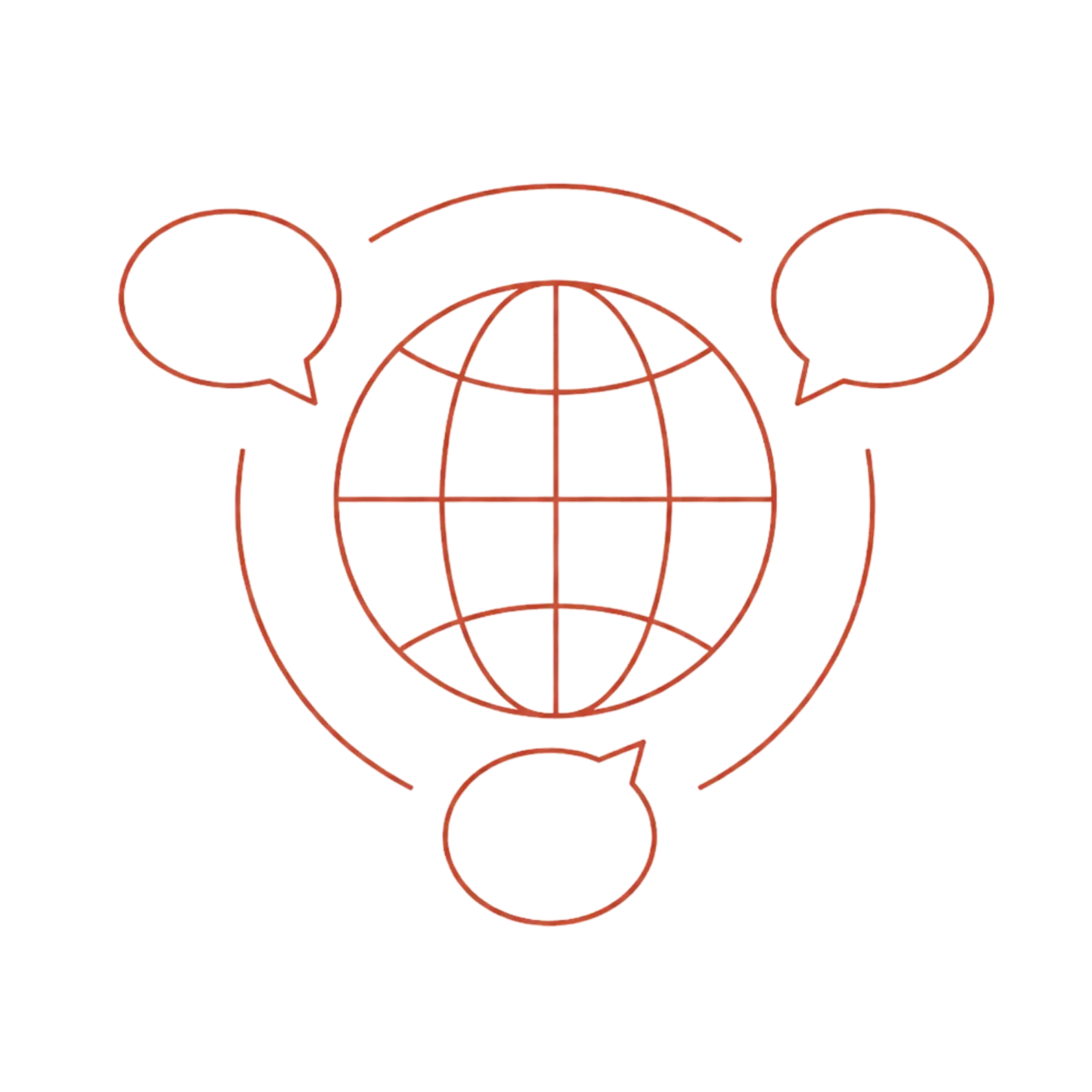 A digital illustration of a globe with speech bubbles and circular arrows, representing our cultural fluency.