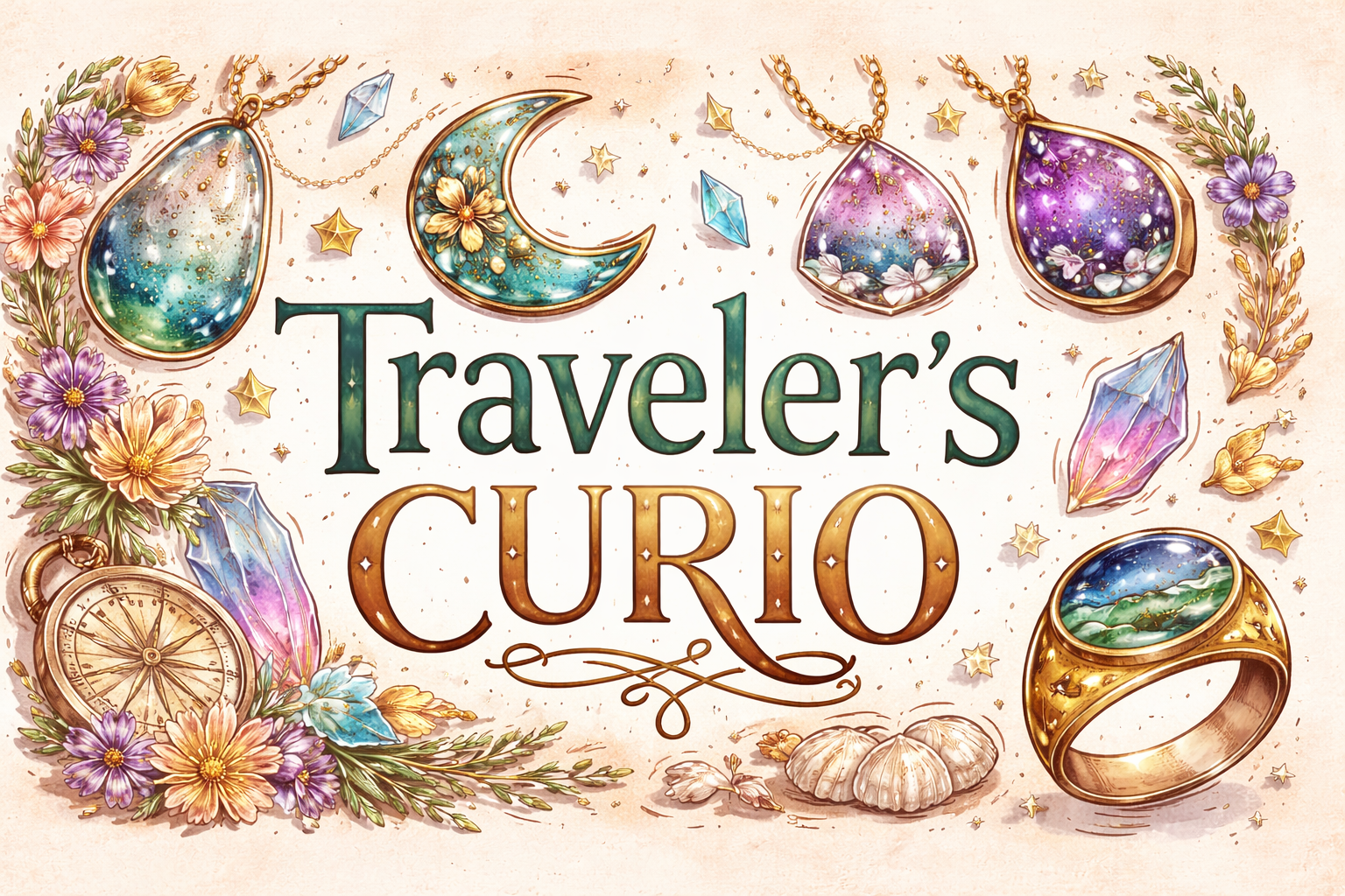 Illustration of jewelry and celestial-themed accessories around the text 'Traveler's Curio' with flowers, gemstones, a pocket watch, seashells, and celestial motifs.