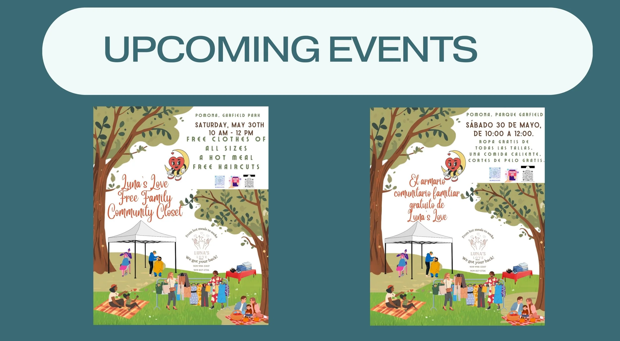 Two flyers for upcoming community events at Pomona, Garfield Park, one in English and one in Spanish, featuring a tree with green leaves, people at a picnic, a tent, and information about free clothing and food distribution.