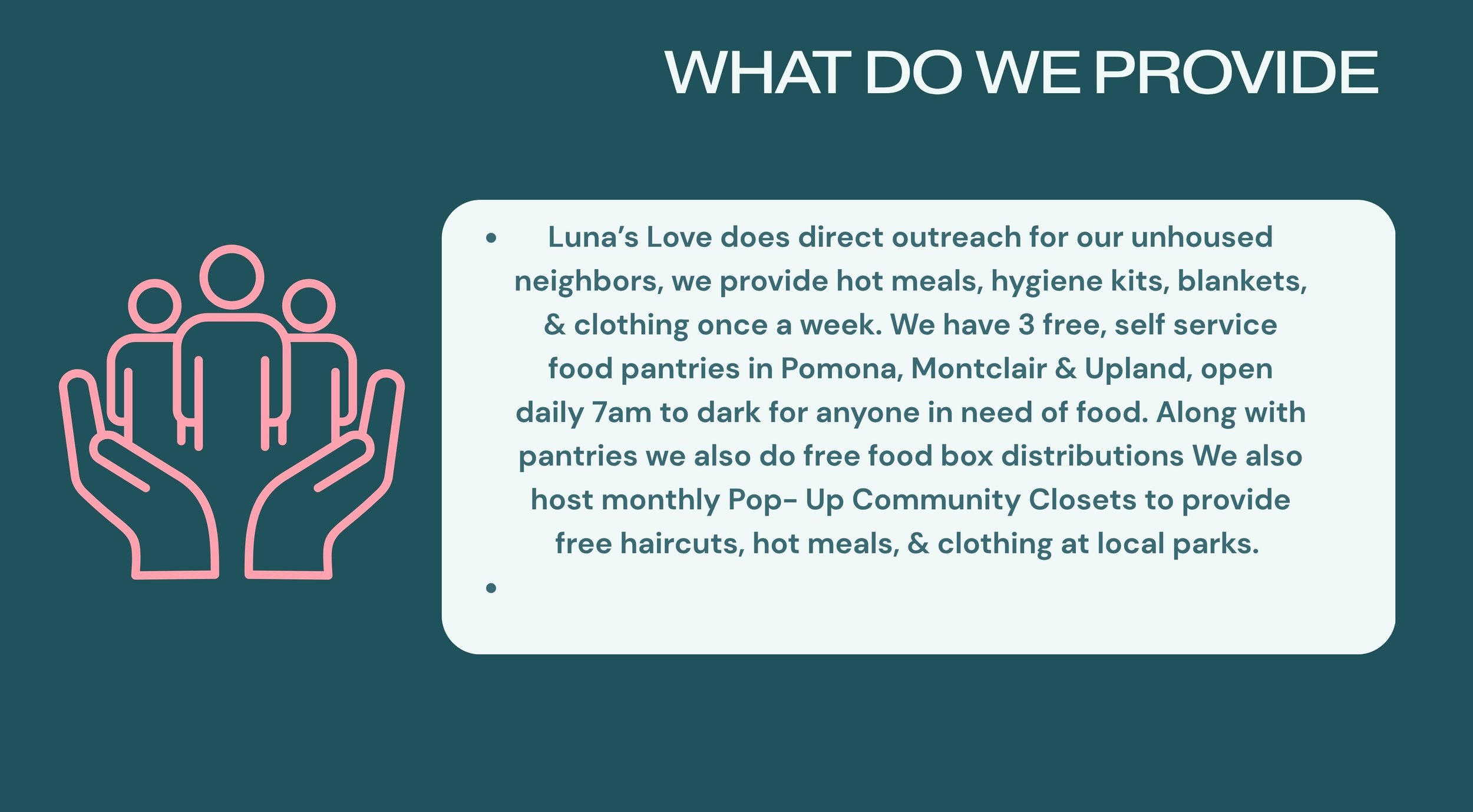 Information about community outreach programs providing food, clothing, and haircuts, with a pink outline icon of three people surrounded by two hands.