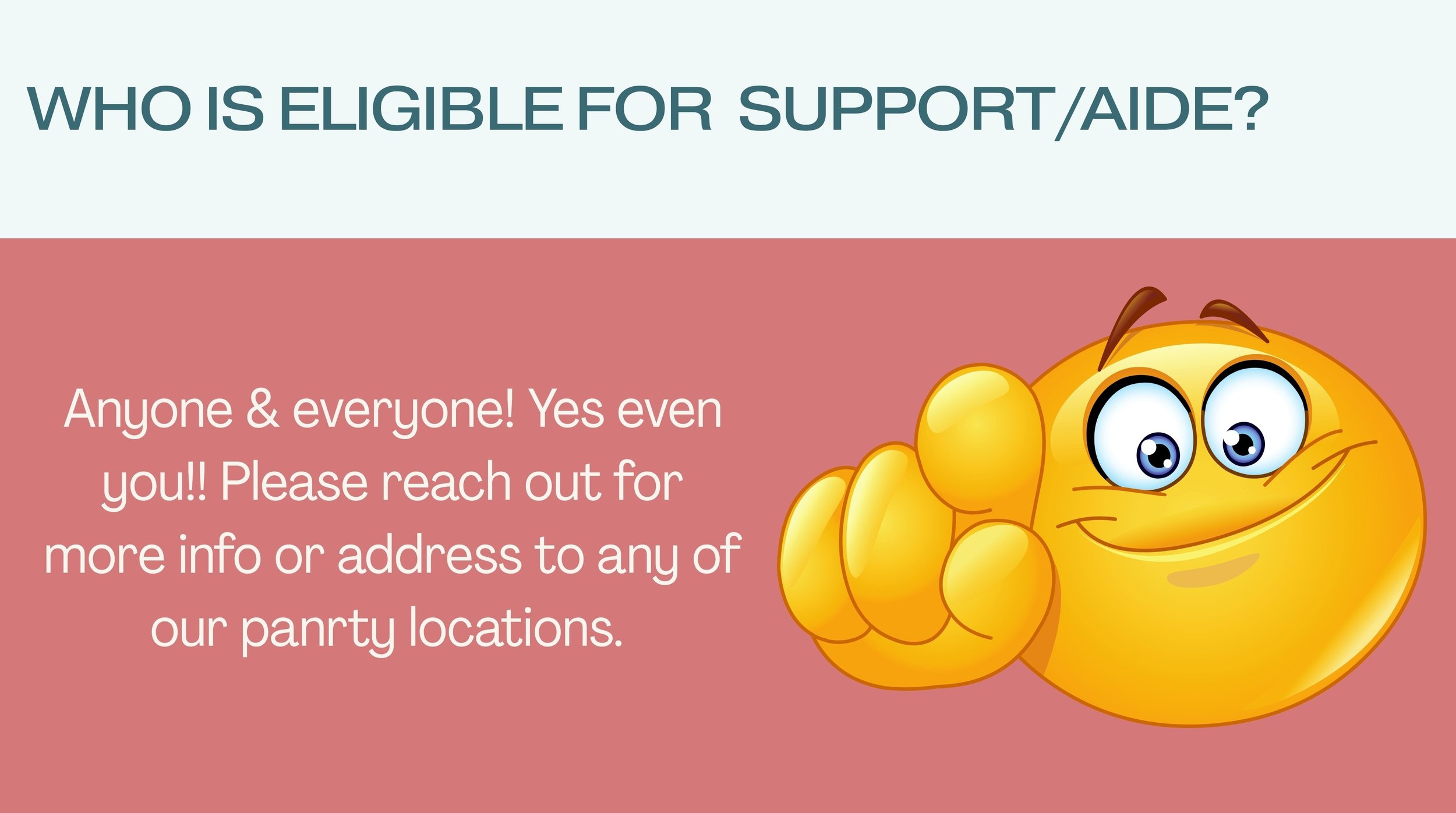 Colorful support flyer featuring a friendly yellow cartoon character with big eyes, smiling, and pointing towards the viewer, with text about support eligibility.