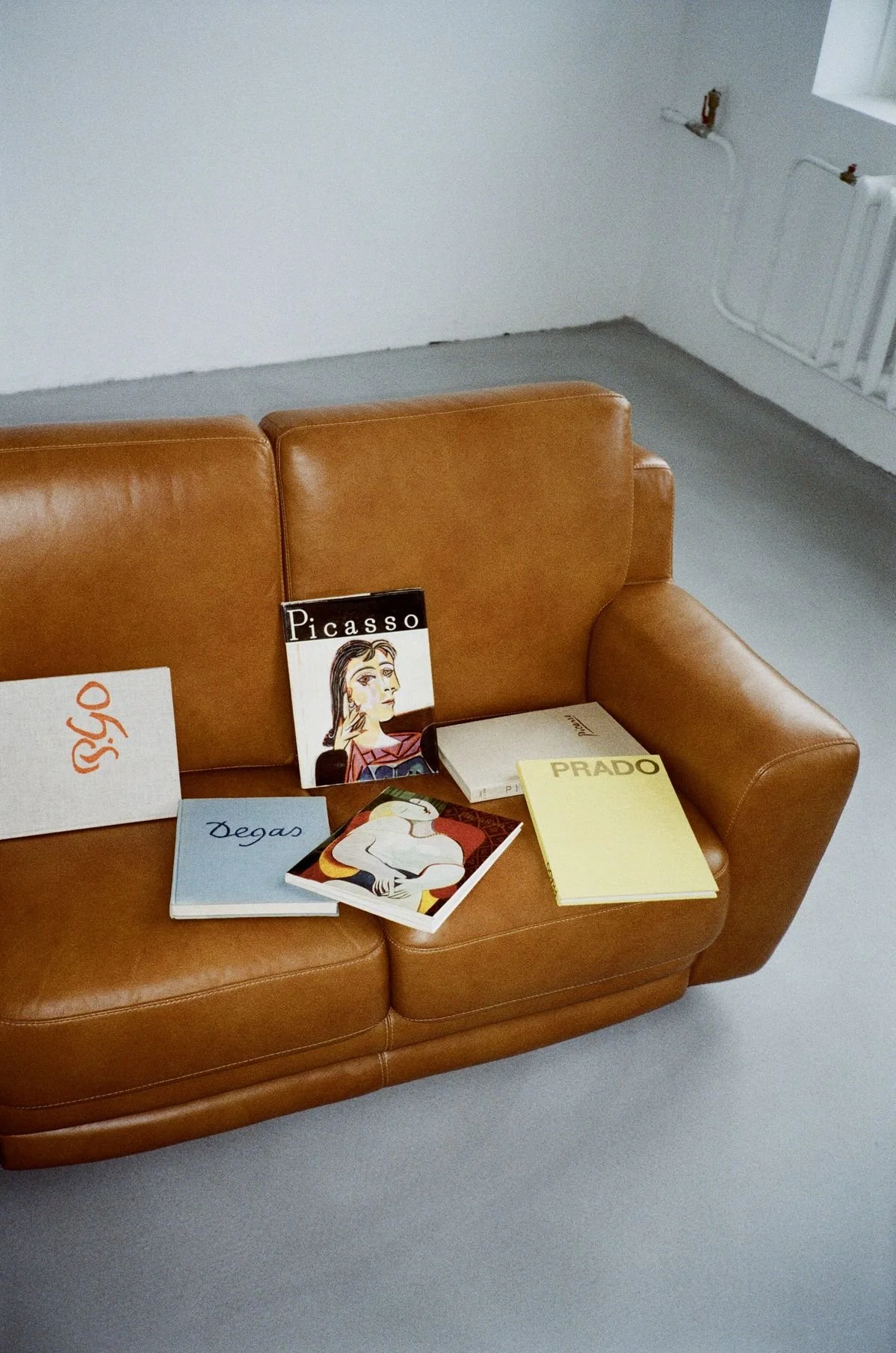A brown leather couch with seven art books placed on it, including titles such as Picasso, Gigo, Degas, Prada, and others, in an unfinished room with white walls and grey floors.