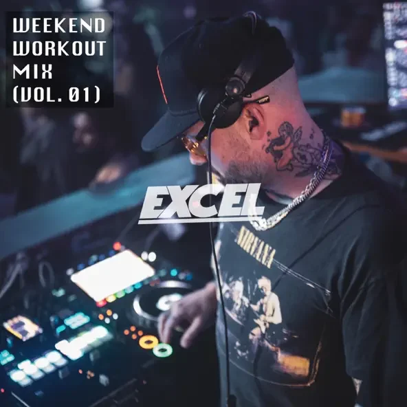 DJ with tattoos wearing headphones and a cap, operating a mixing console at a nightclub, promoting a weekend workout music playlist.