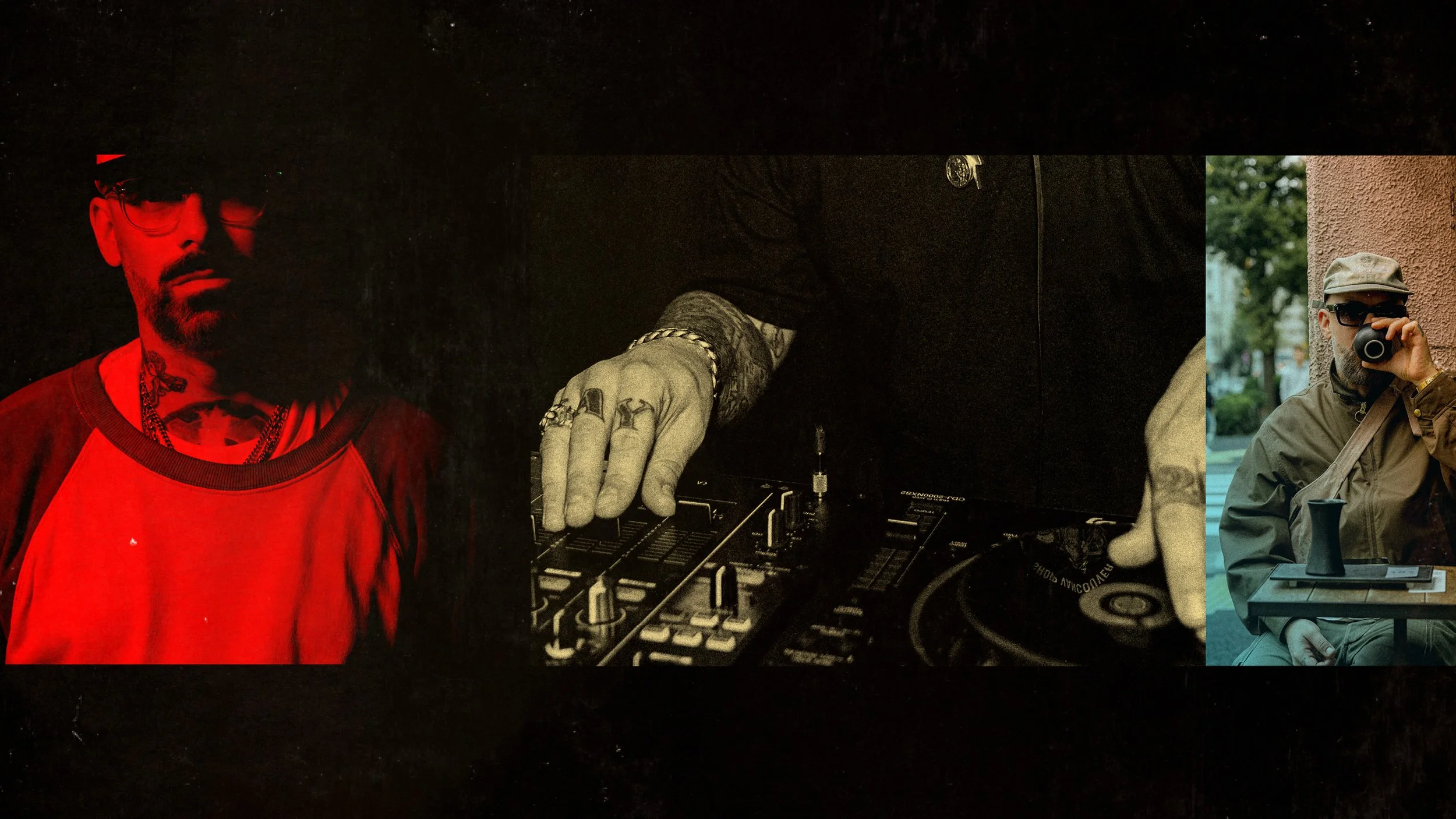 A collage featuring a man with tattoos and glasses on the left, a DJ mixing music in the center, and a man in sunglasses sipping coffee outside on the right.