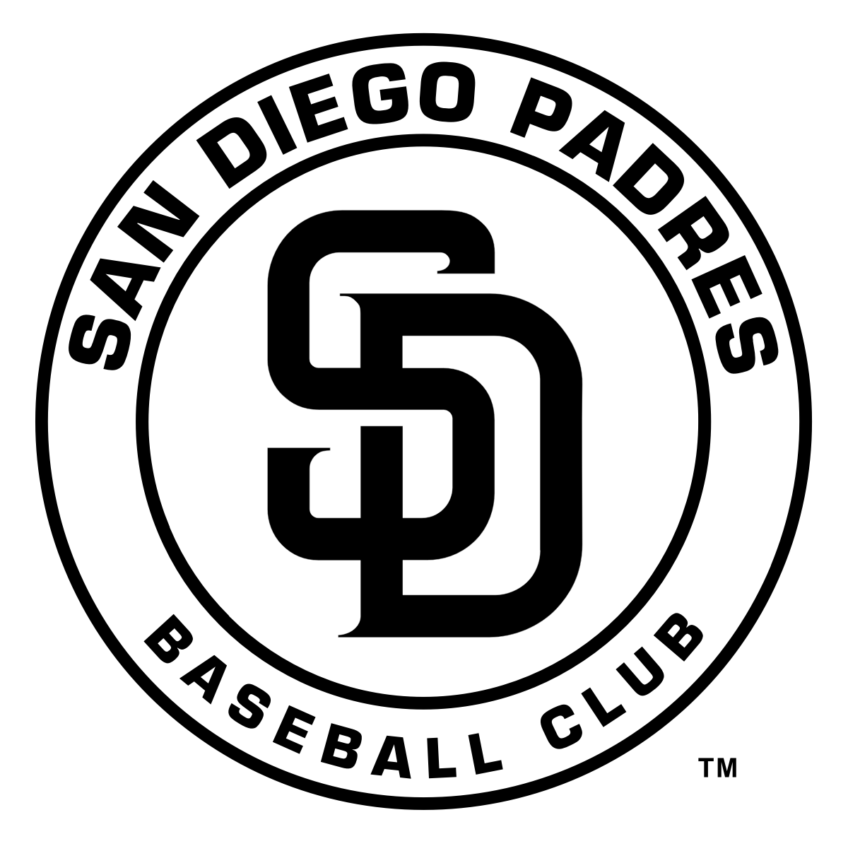 San Diego Padres baseball club logo in black and white with circular design, featuring the letters 'SD' in the center.
