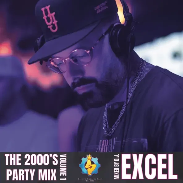 A man with glasses and a beard wearing a black cap with the letters 'IT UP' and headphones, at a party or event with colorful lighting, promoting 'The 2000's Party Mix 1' mixed by DJ LJ.