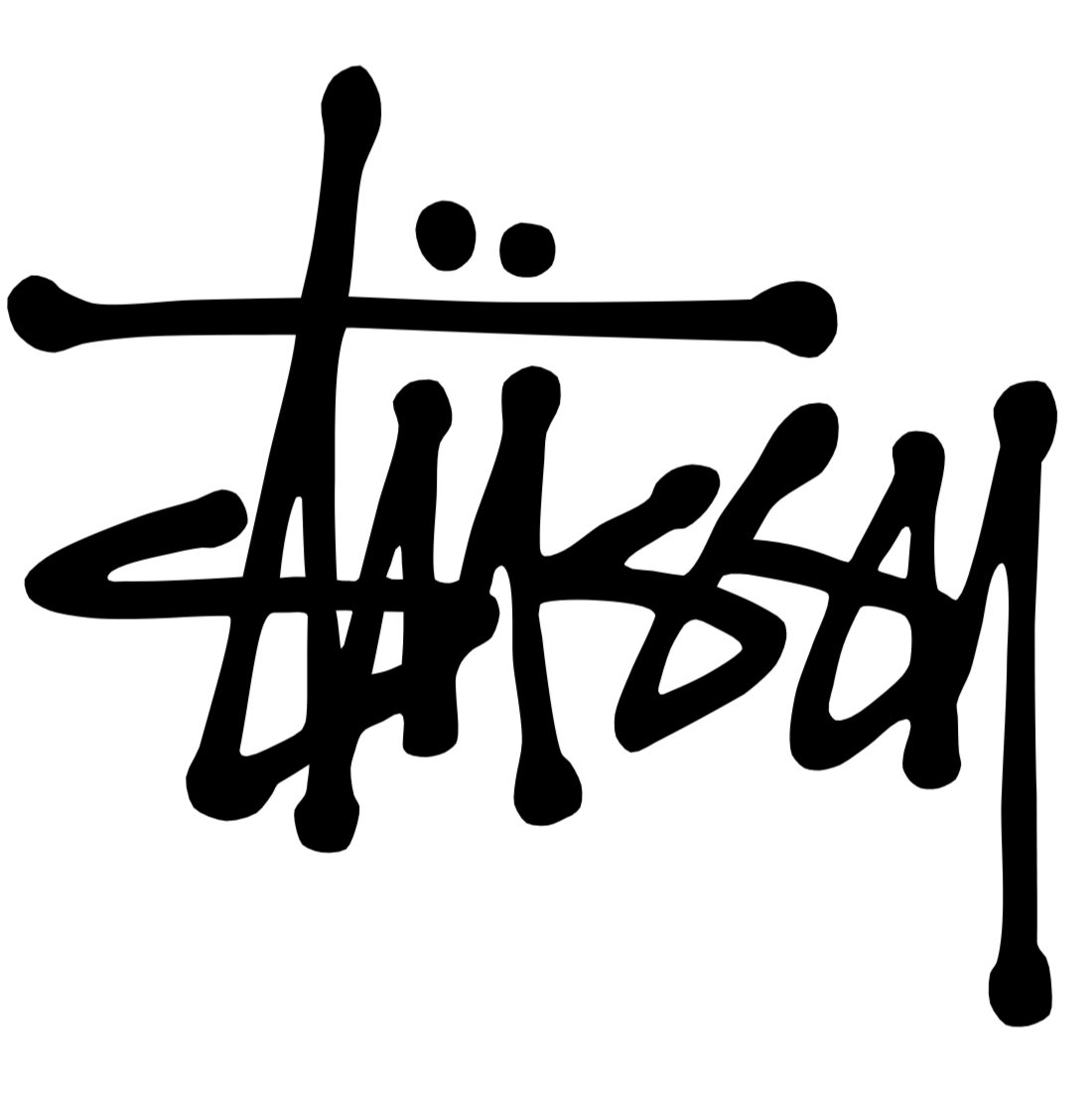 Stylized black graffiti-style text reading 'Stüssy' on a white background.
