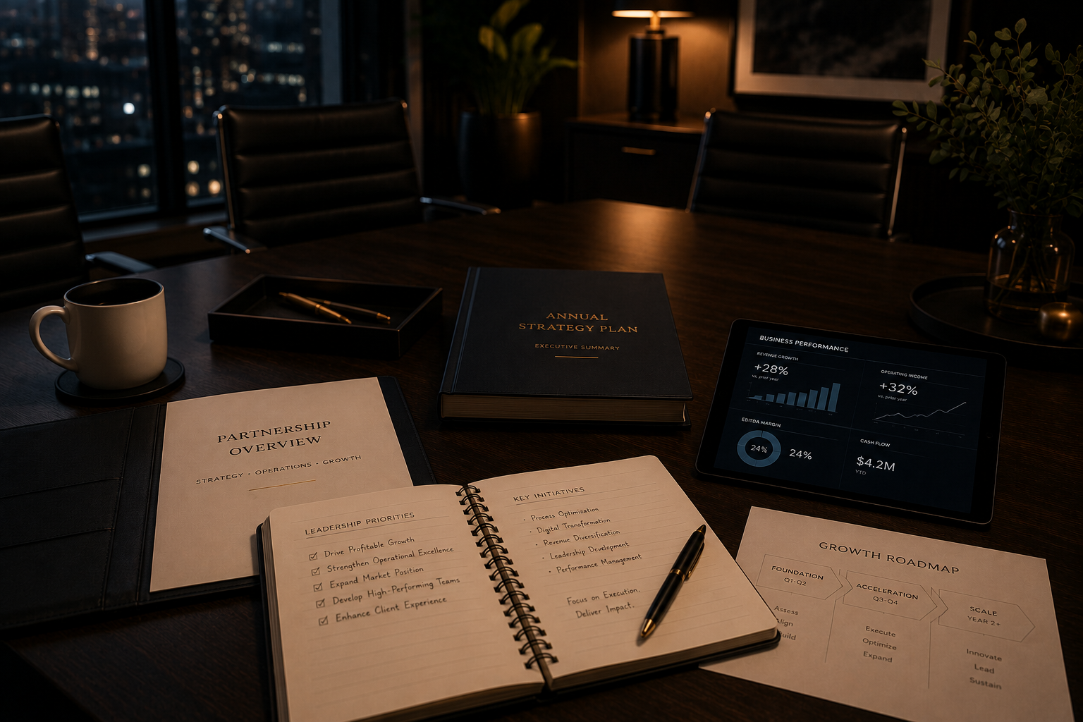 Boardroom desk with an annual strategy plan, partnership overview, and a tablet showing business metrics.