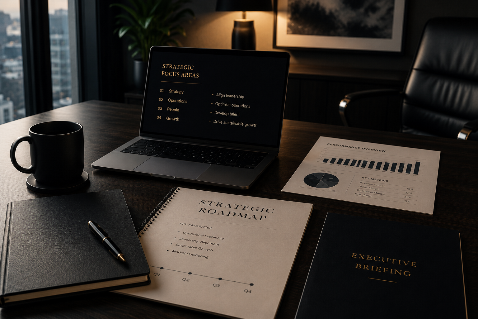 Desk with a laptop showing strategic focus areas, a strategic roadmap, and a performance overview.
