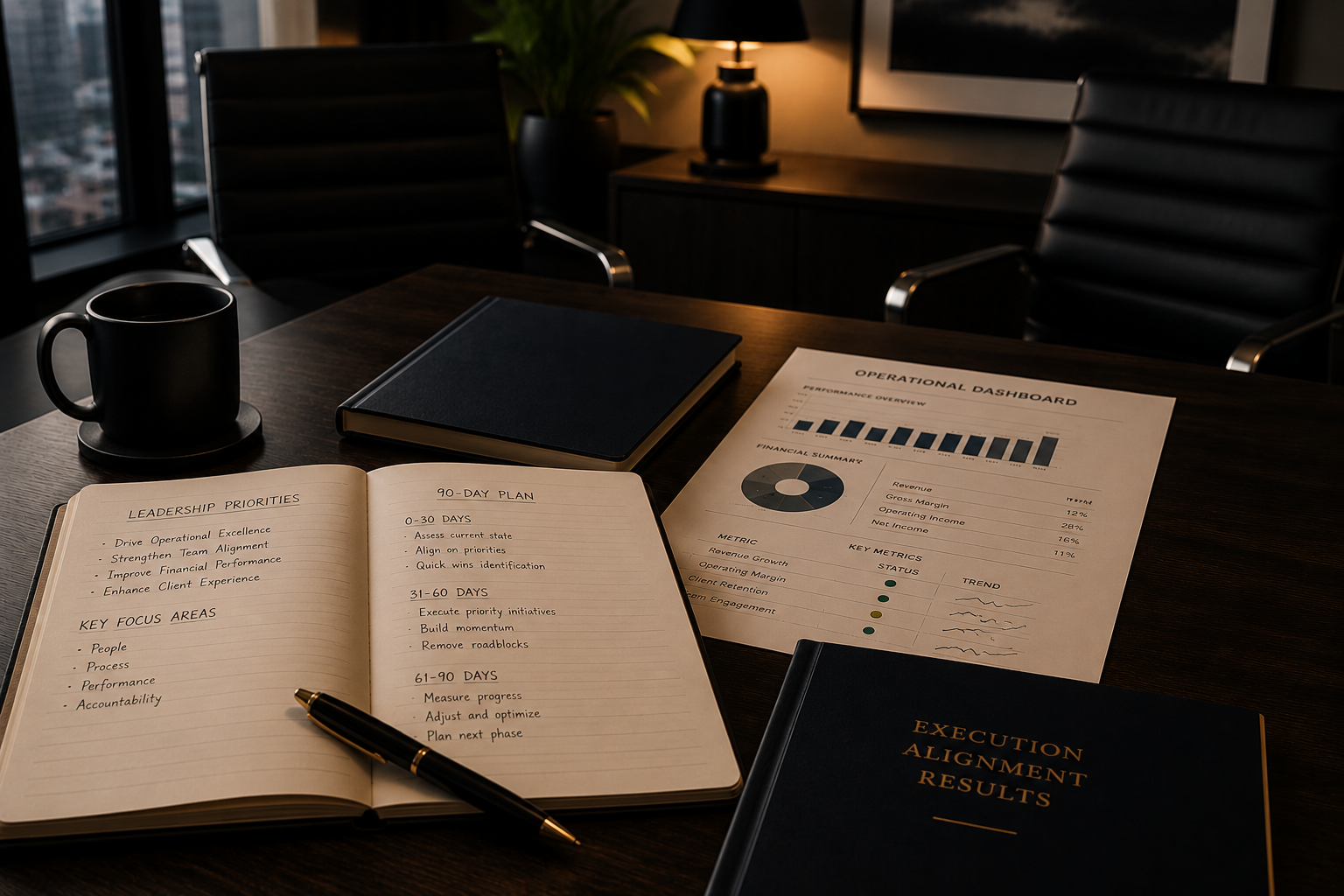 Open notebook with leadership priorities and a 90-day plan beside an operational dashboard.