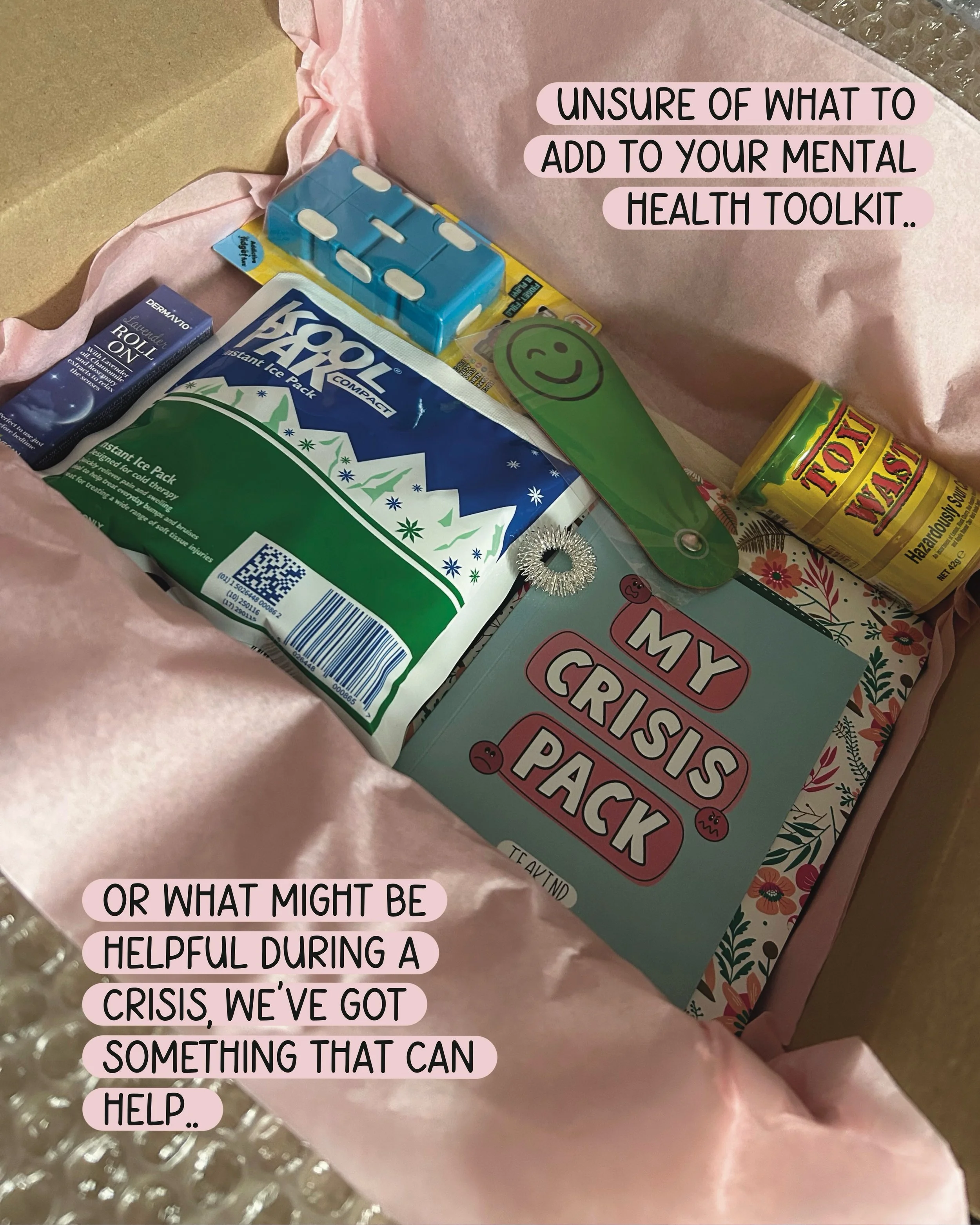 CRISIS MENTAL HEALTH BOXES 🧊🎨🧘🏻&zwj;♀️

Unsure of what might be helpful to include in your own mental health toolkit, swipe to see what we&rsquo;ve included in ours. These are available to buy, or if you&rsquo;re creating your own hopefully you&r