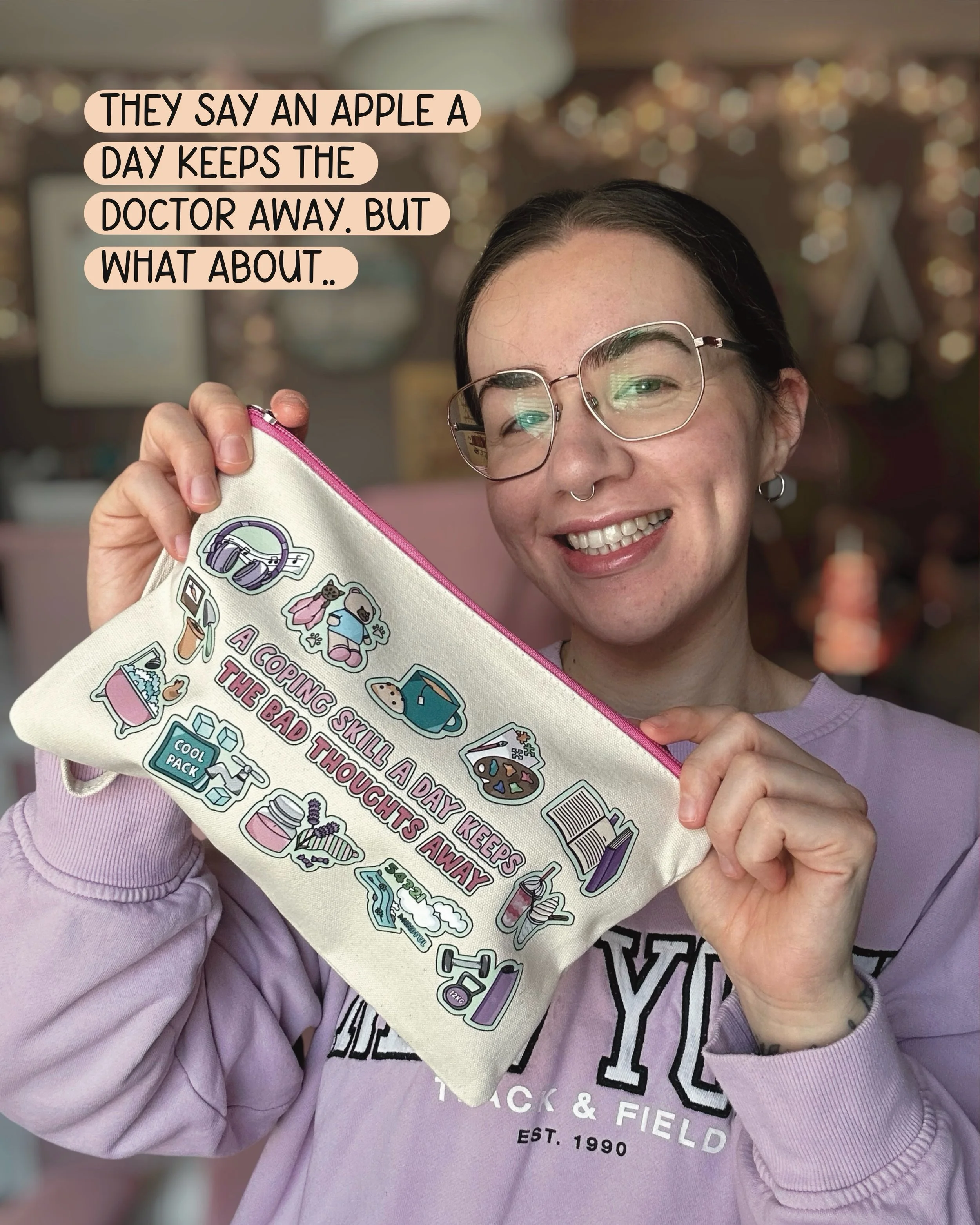 A COPING SKILL A DAY KEEPS THE BAD THOUGHTS AWAY 👀🩷

I&rsquo;d like to introduce you to my brand new product.. My coping skill a day keeps the bad thoughts away bag! 

The perfect bag to keep your mental health tools with you wherever you go. 

As 