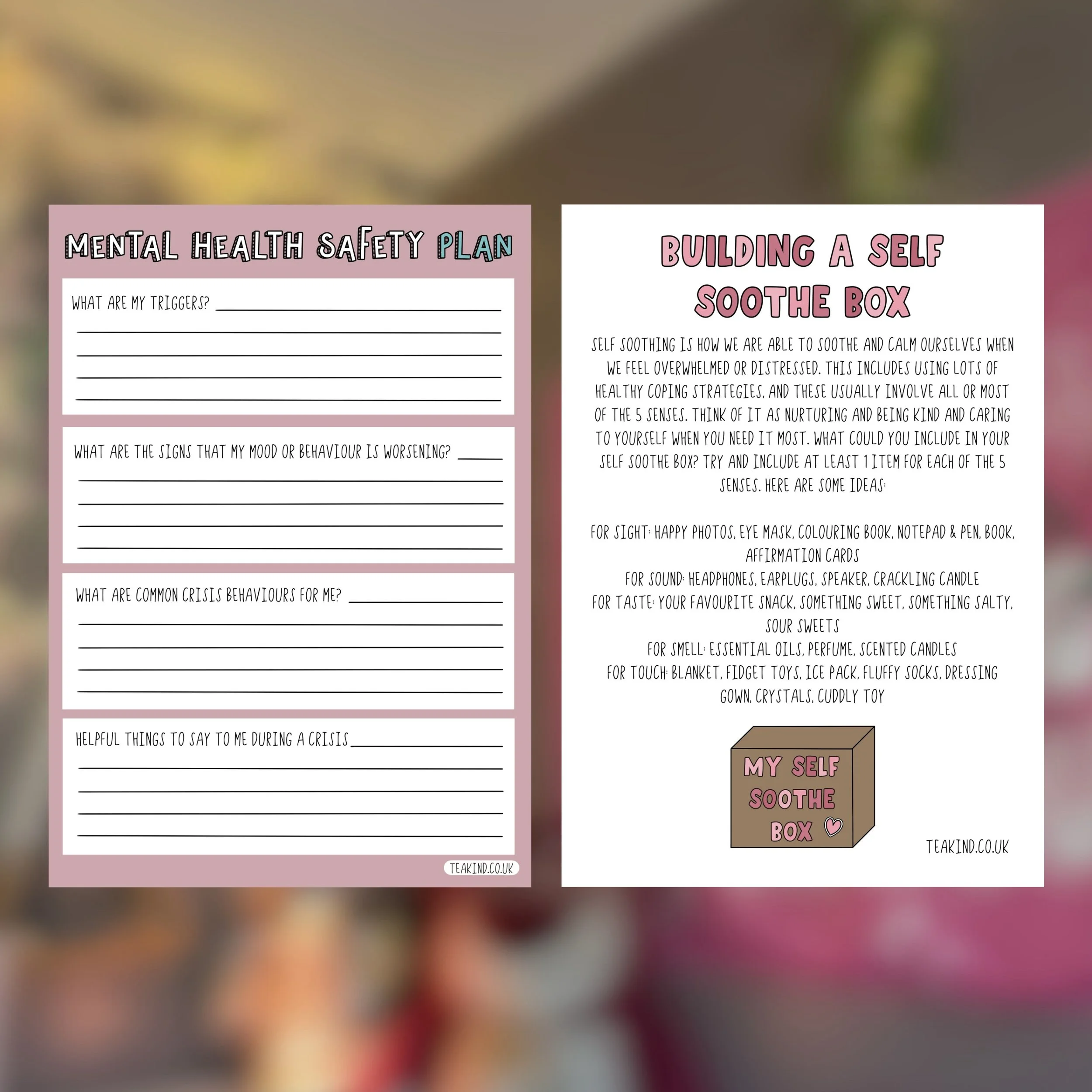 On the left of the image a front page of our mental health safety plan and on the right of the image an information sheet about building a self-soothe box.
