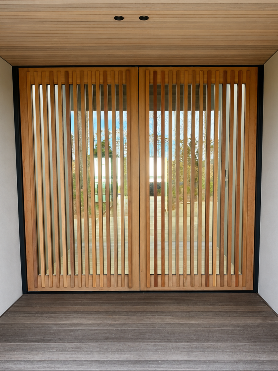 Front view of a double wooden slatted door leading outside, with trees and sky visible through the slats, and wooden flooring in the interior.