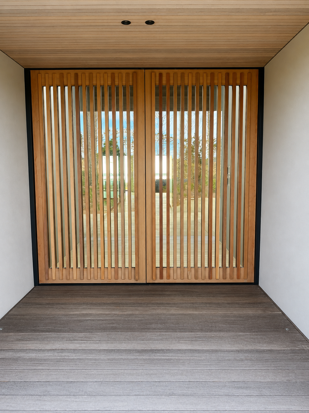 Wooden sliding doors with vertical slats on a porch with a wooden floor and ceiling, view of trees and blue sky outside.