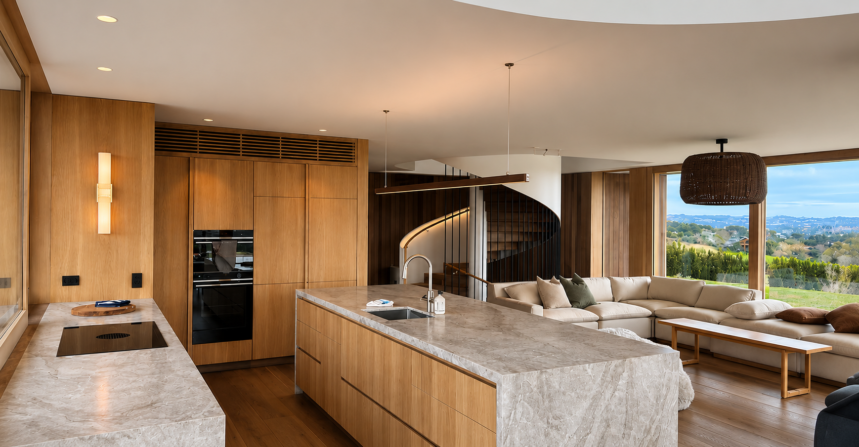 Modern open-concept living room and kitchen with wooden cabinetry, marble countertops, and a large beige sectional sofa overlooking a landscape view through large windows.