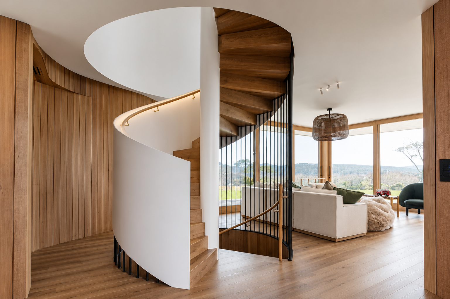 Interior of a modern house featuring a curved staircase with wooden steps and black metal railing, surrounded by wooden wall paneling, with a living room with large windows, a white sofa, green and black chairs, a view of a scenic landscape, and a wo