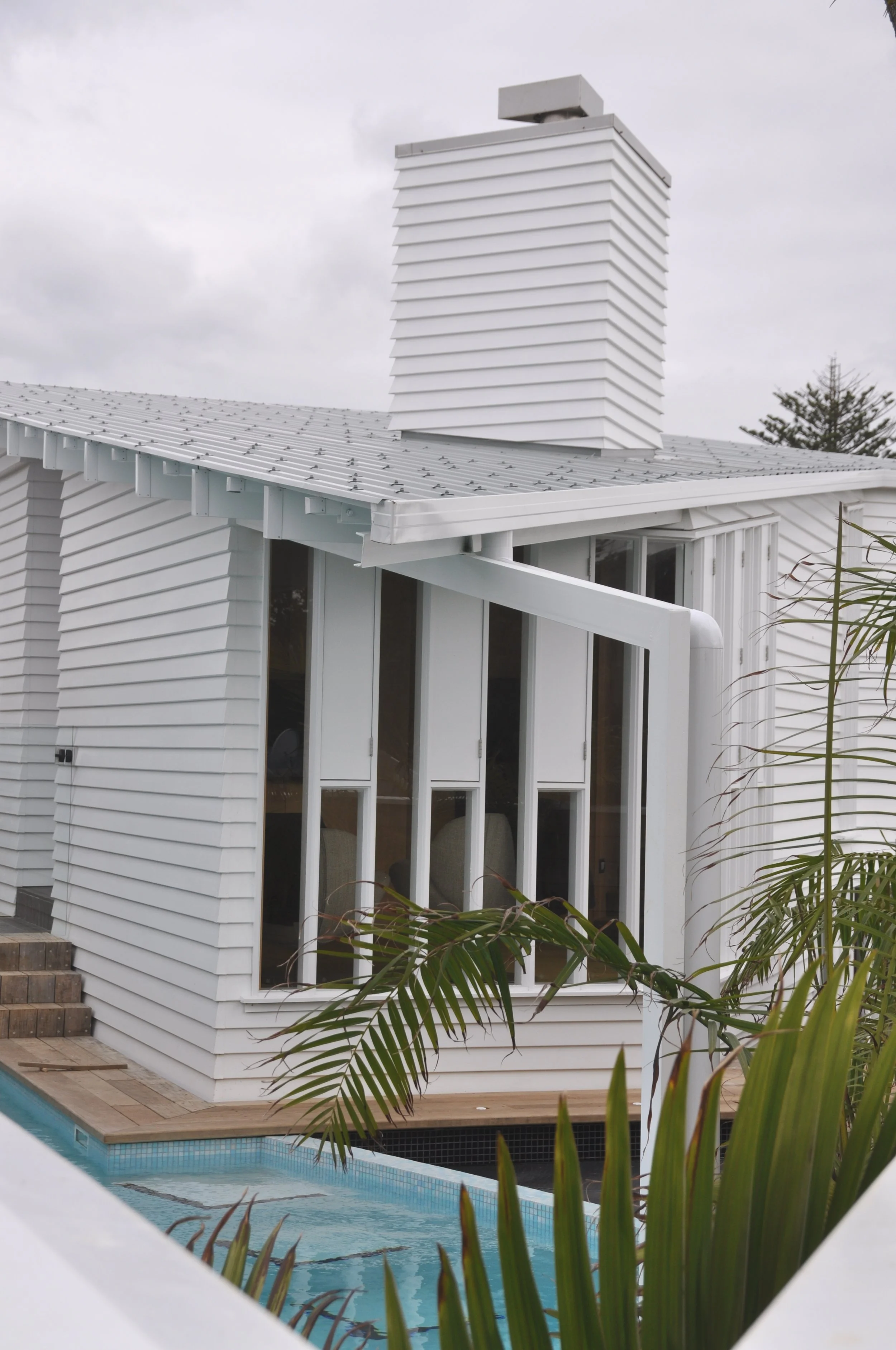 White modern house with large windows, a chimney on the roof, and a swimming pool in the foreground, with green plants partially obscuring the view.