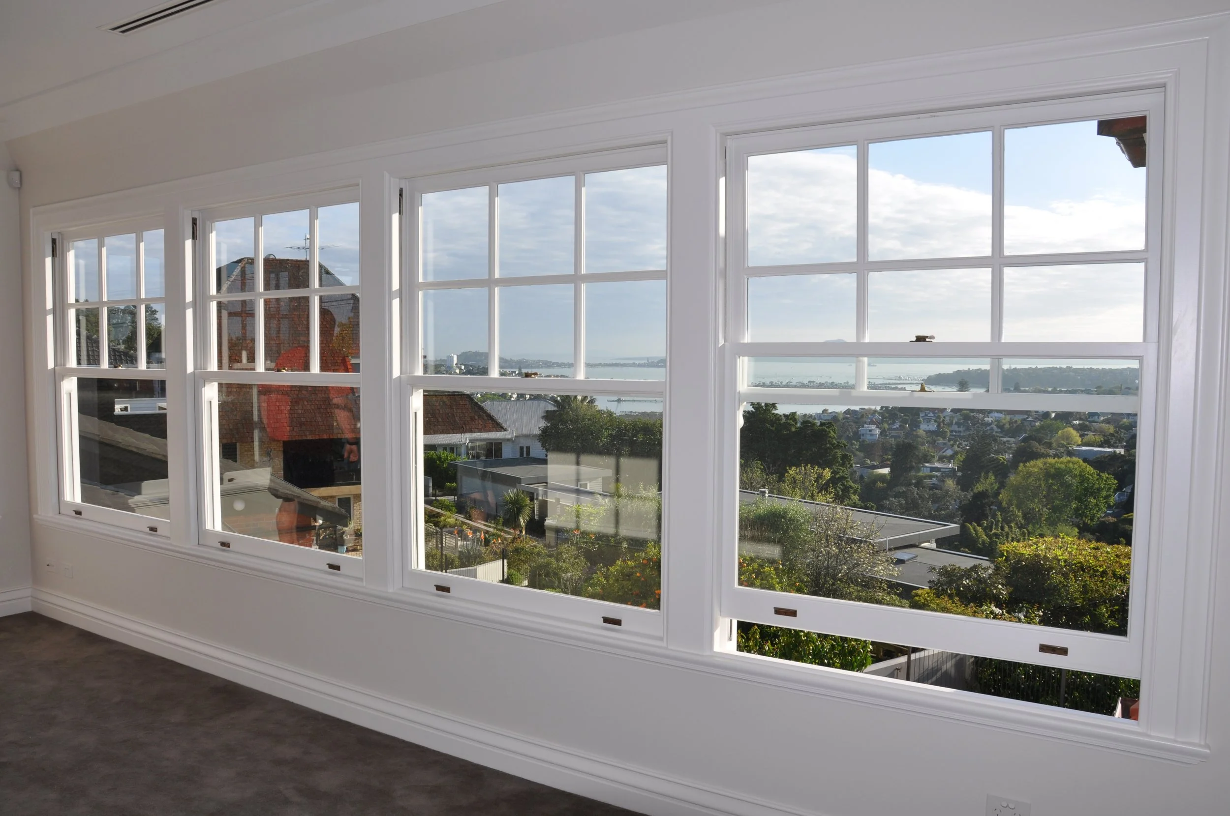 A large white-framed window with multiple panes showing a suburban neighborhood view, including rooftops, trees, and a body of water under a partly cloudy sky.