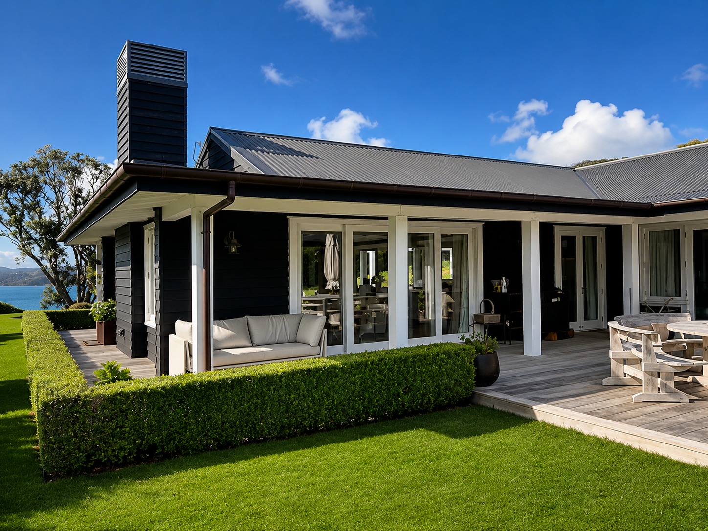 Modern house with black exterior, large windows, and a wooden deck, overlooking a lake with blue skies and green grass.