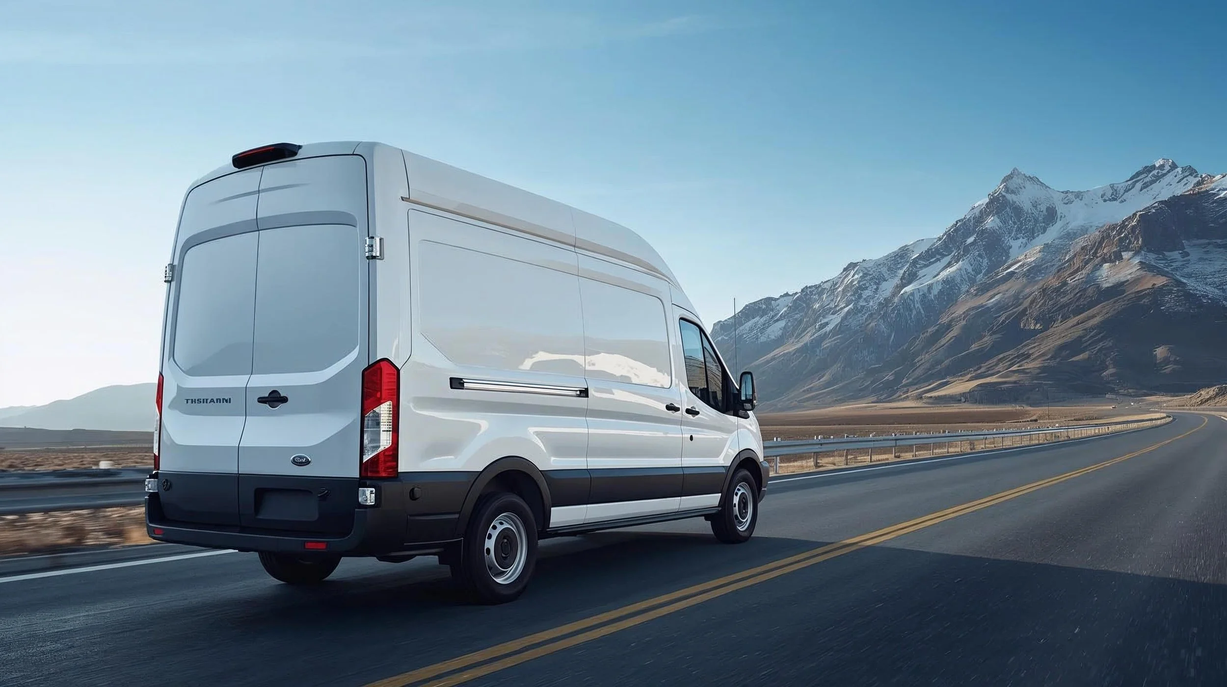 A white delivery van driving on a highway with mountains in the background under a clear blue sky.