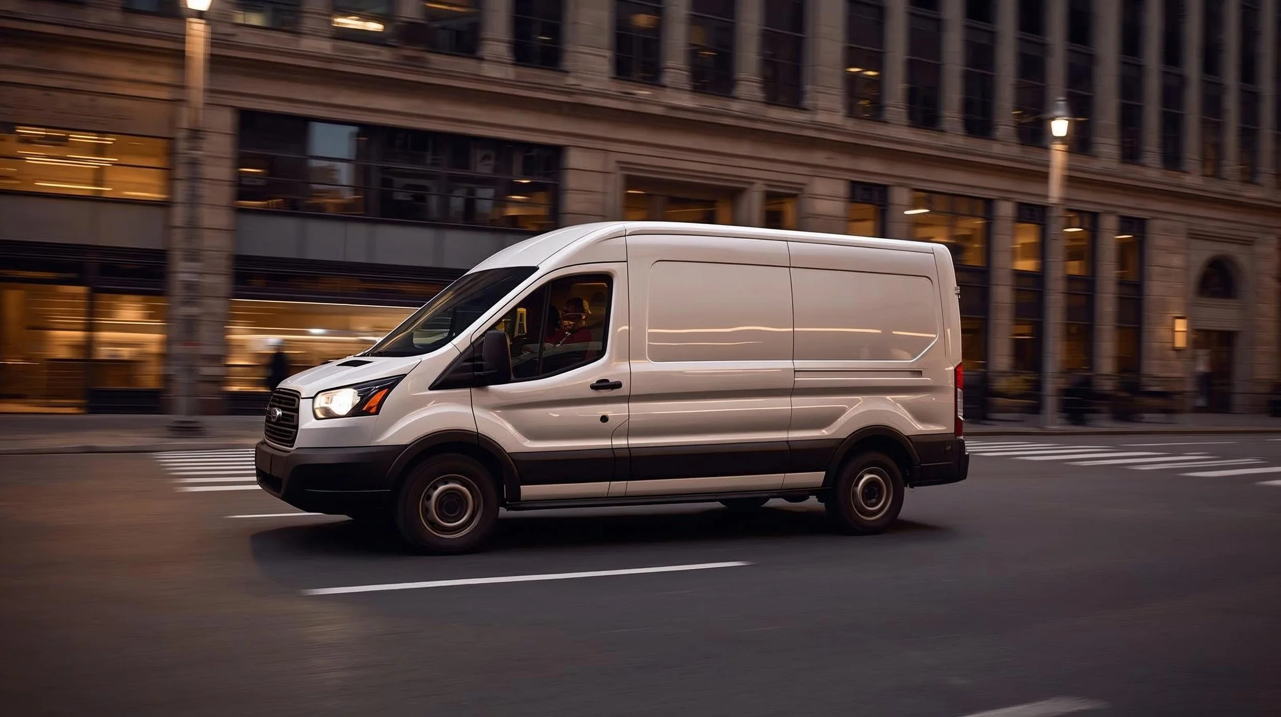 A white delivery van driving down a city street with tall buildings and streetlights in the background.
