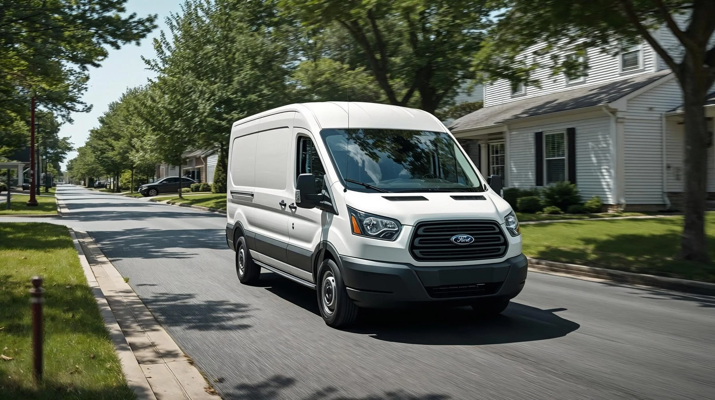 A white Ford transit van driving down a suburban street lined with trees and houses.