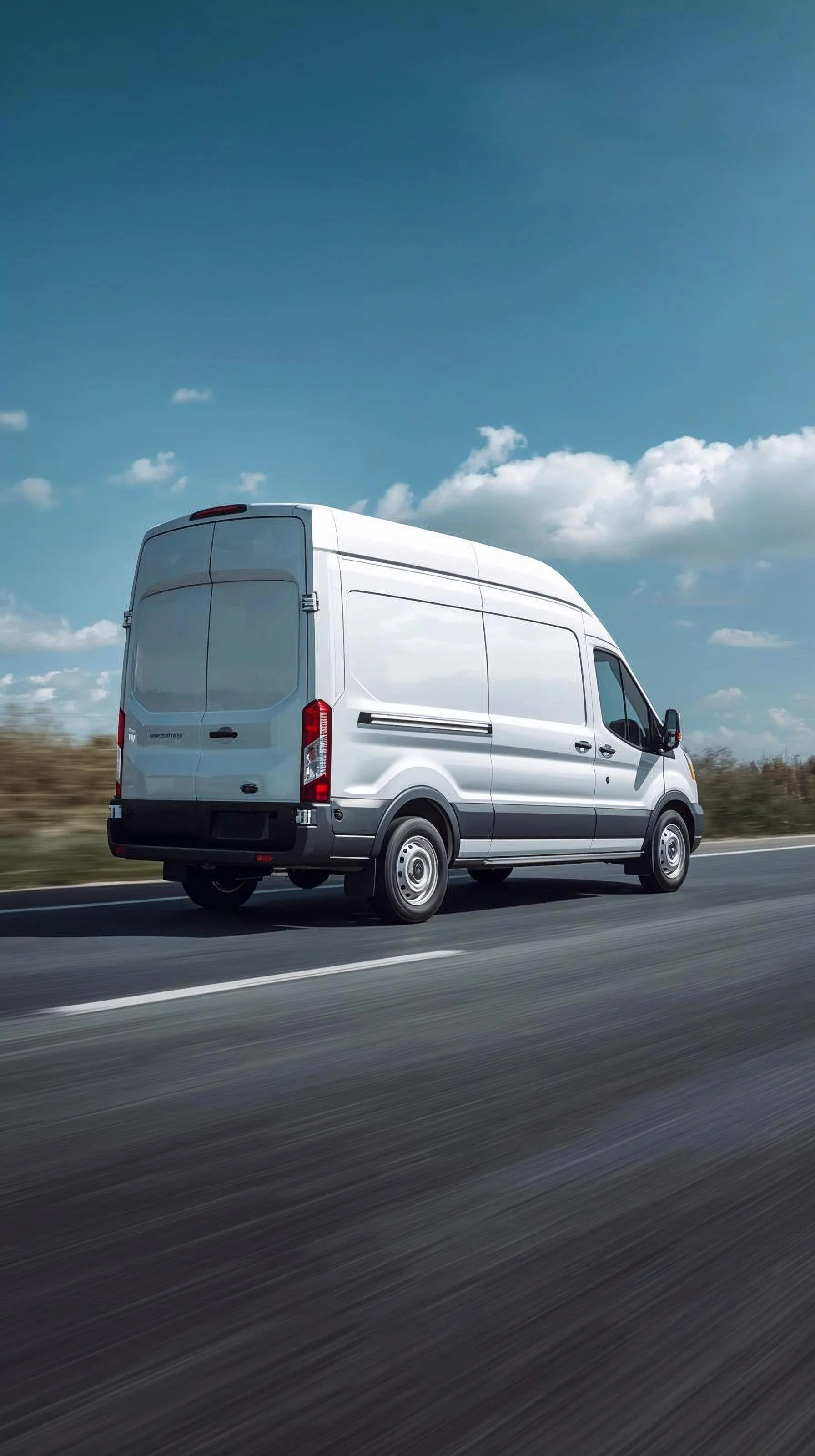 White commercial cargo van driving on a highway under a blue sky with some clouds.