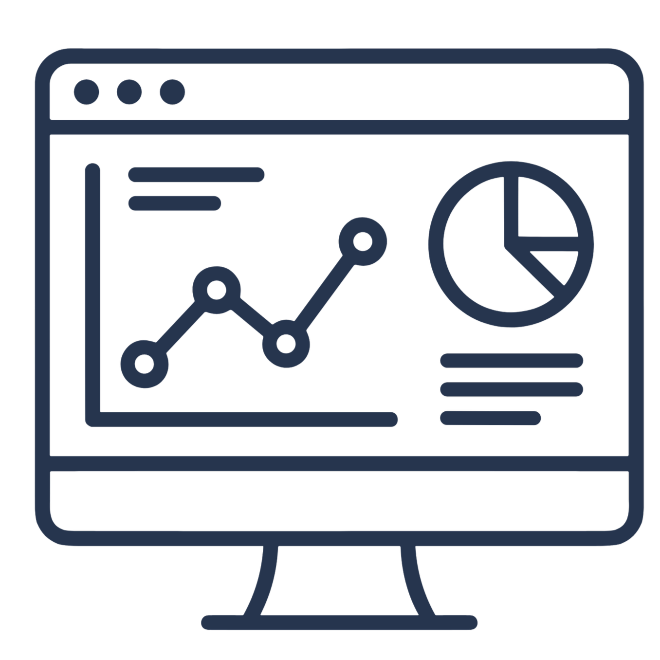 A computer monitor displaying a line graph, a pie chart, and text boxes, illustrating data analytics or financial reports.