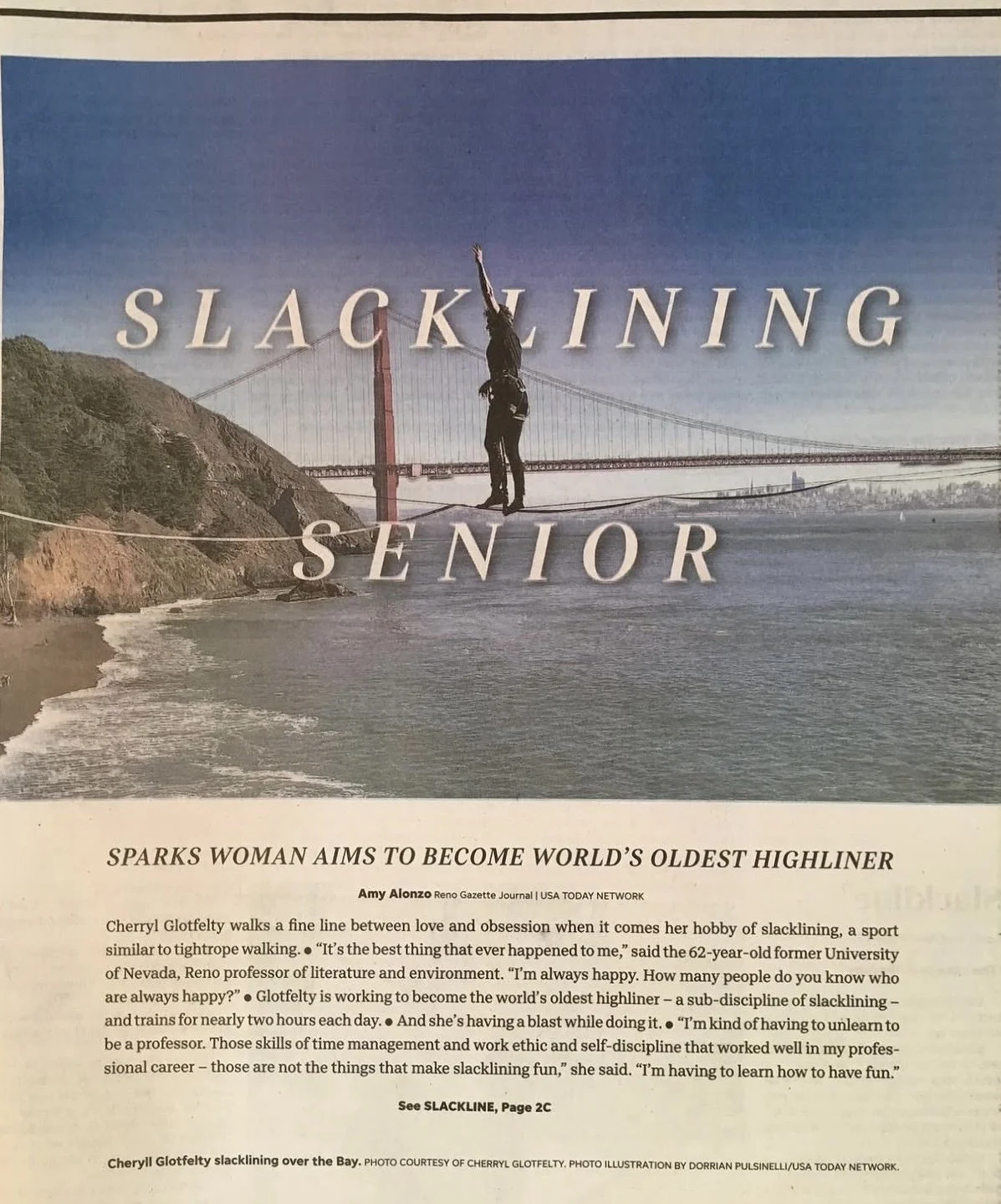 “Slacklining Senior” at Golden Gate Bridge (printed in newspaper)