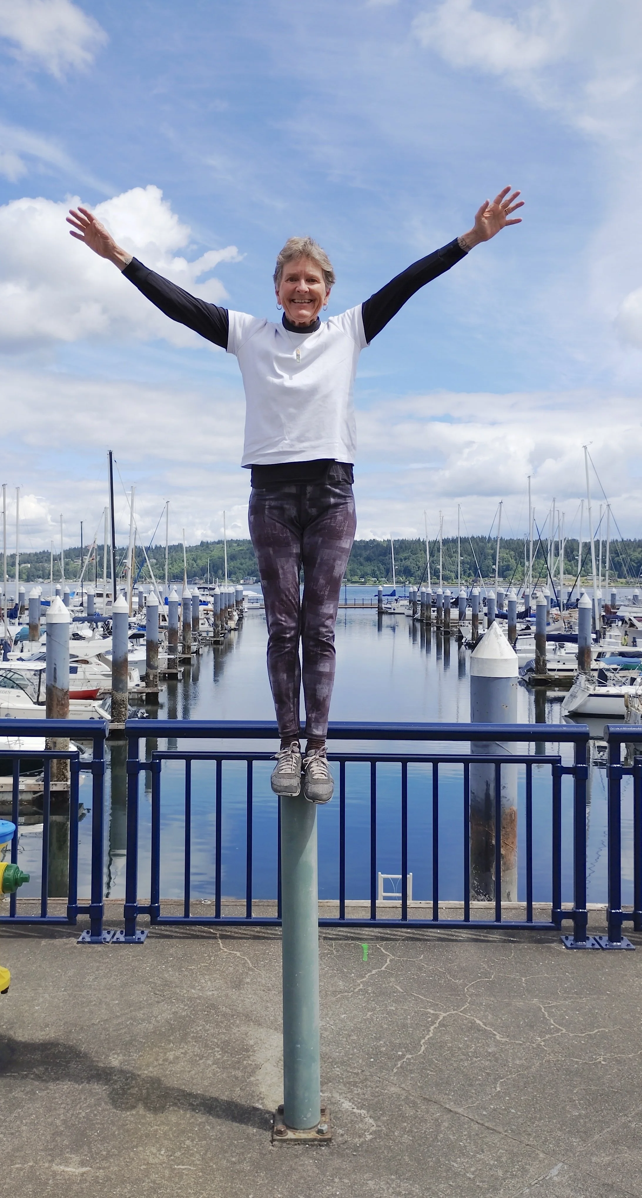 Rae Raptor balancing on post at marina
