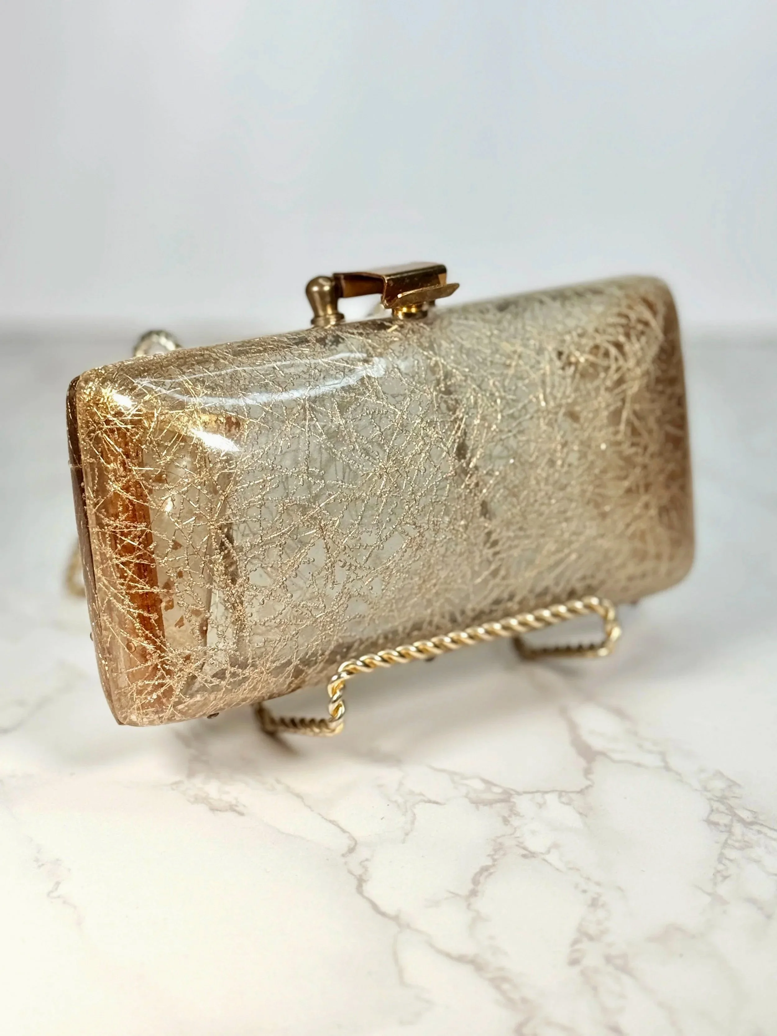 Gold Sparkle Confetti Vintage Lucite Acrylic Clutch