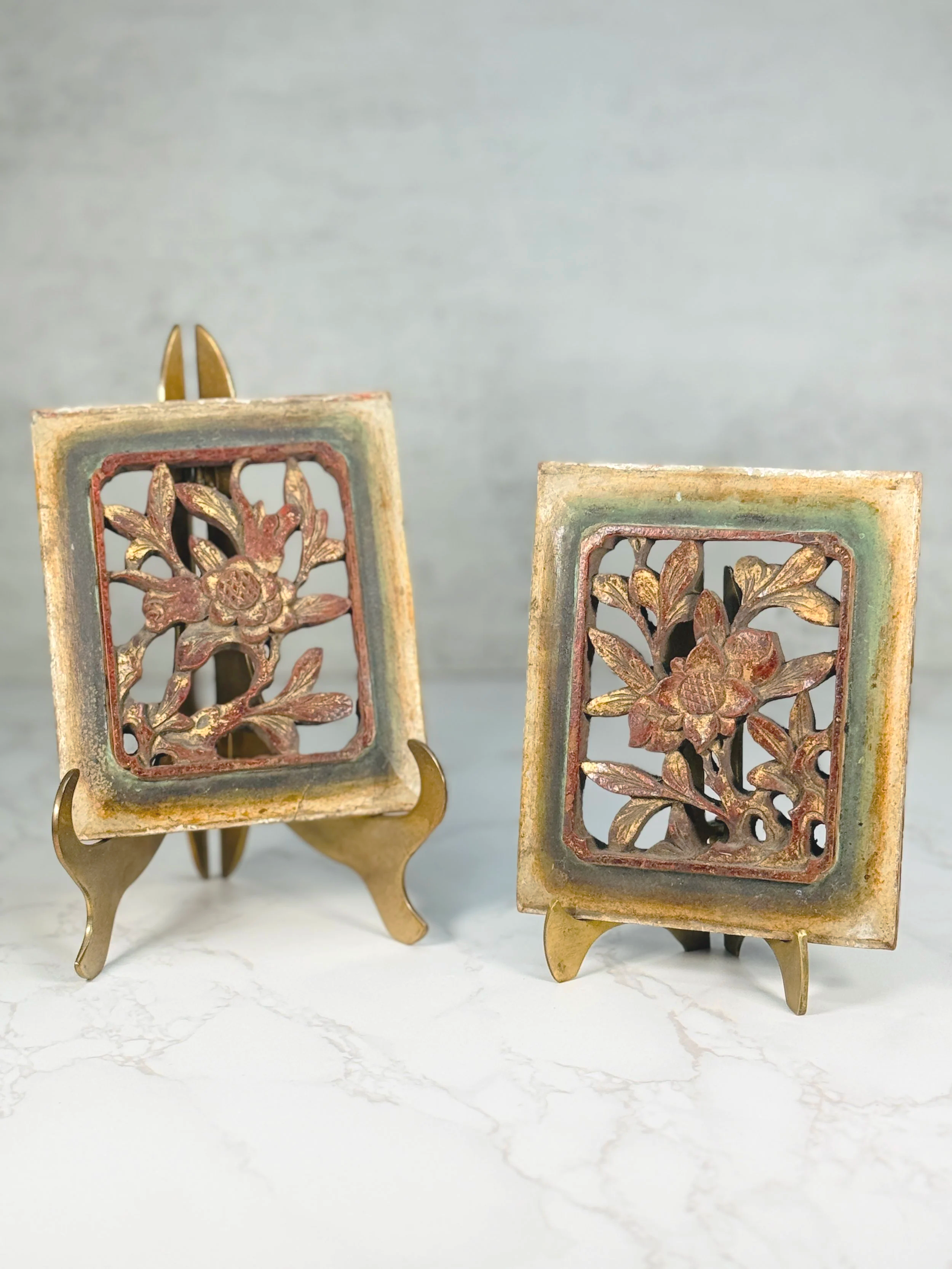 Primitive Floral Hand Carved Chippy Paint Pair of Small Panels