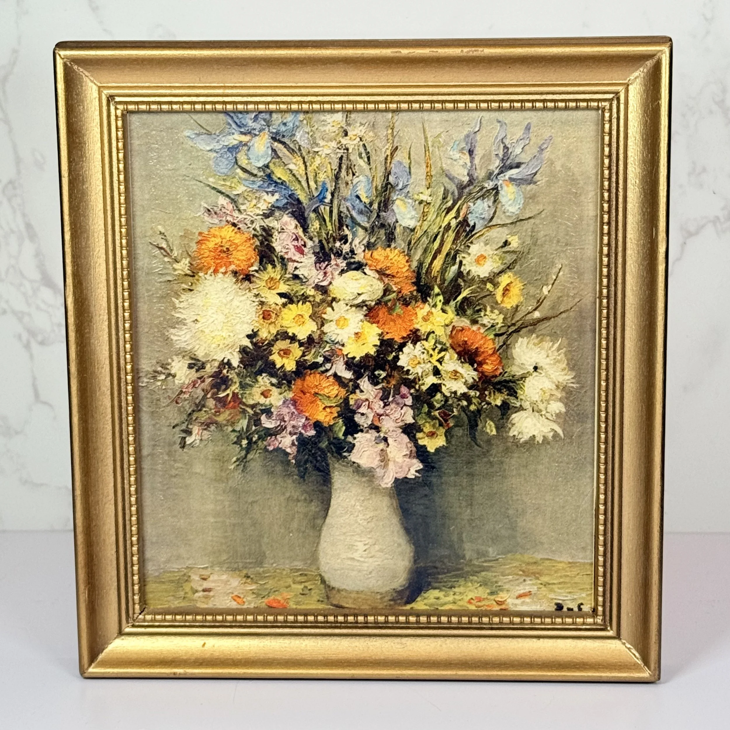 Vintage Primitive Mini  Gold Framed Floral Print