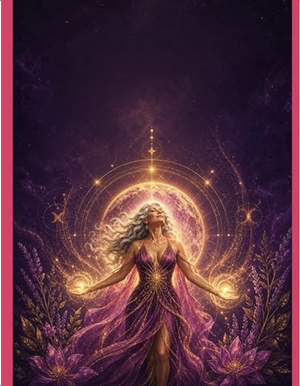 A mystical woman with long flowing hair in a purple gown stands with arms open, surrounded by glowing orbs and cosmic symbols, against a cosmic background with a glowing moon and celestial patterns.
