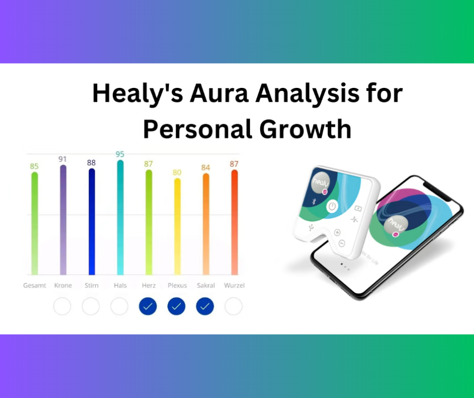 Slide presentation with the title 'Healy's Aura Analysis for Personal Growth.' Features a bar graph with scores for different body chakras and a section of a smartphone and device used for aura analysis on the right side.