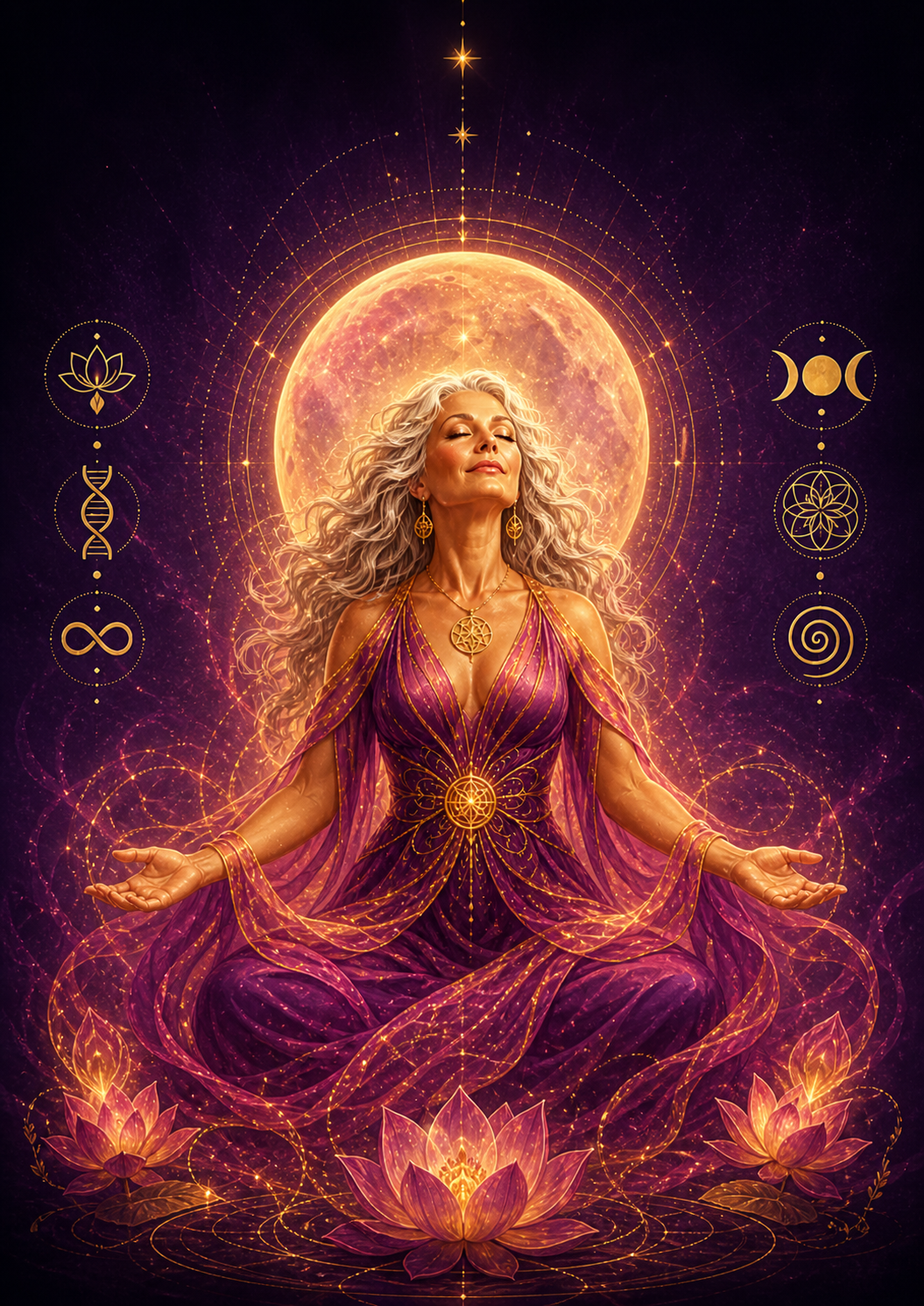 A woman with long, curly gray hair sits in a meditative pose surrounded by glowing mystical symbols, with the full moon behind her and blooming lotus flowers at her feet.