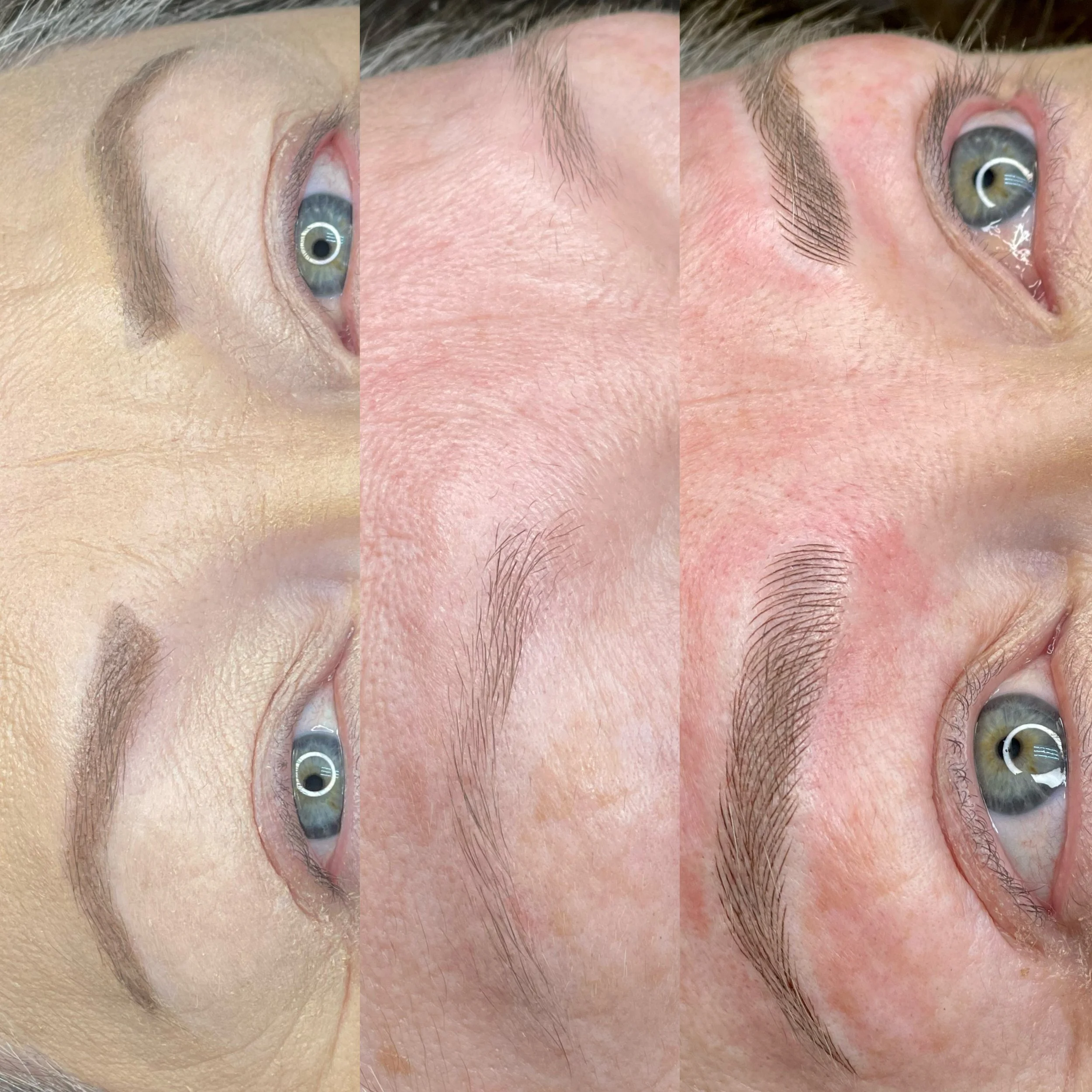 Close-up of a person's eye and eyebrow, showing skin texture and eye color in a triptych format.