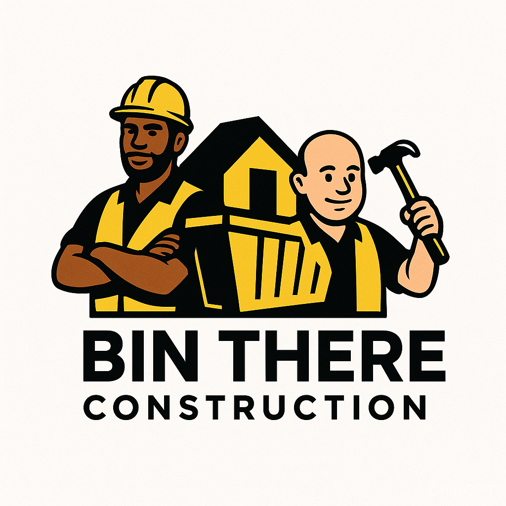 Logo for Bin There Construction featuring two construction workers in yellow vests and a hard hat, with a house and a hammer.