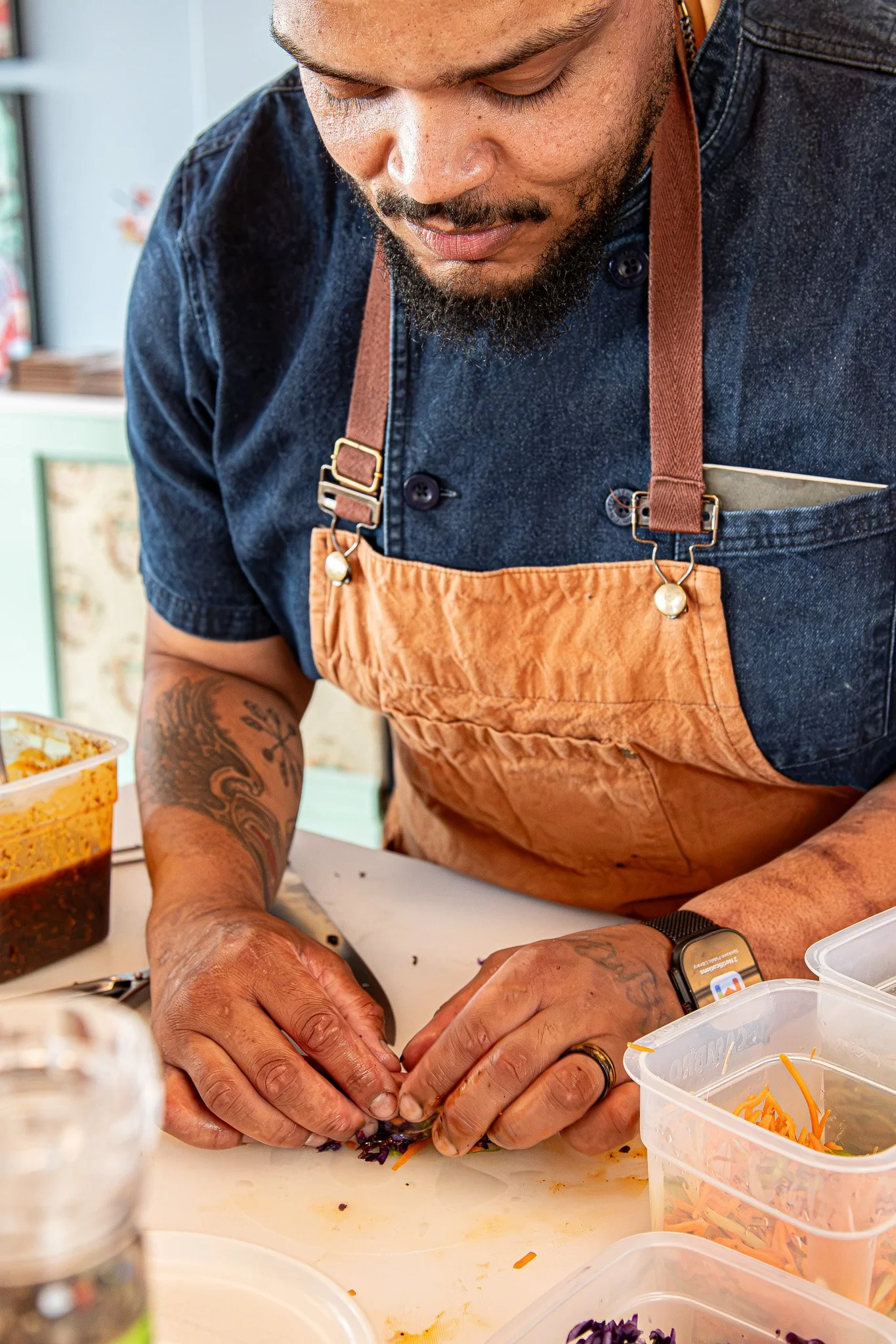 Chef Noah - crafting Manzo fassone beef spring rolls 