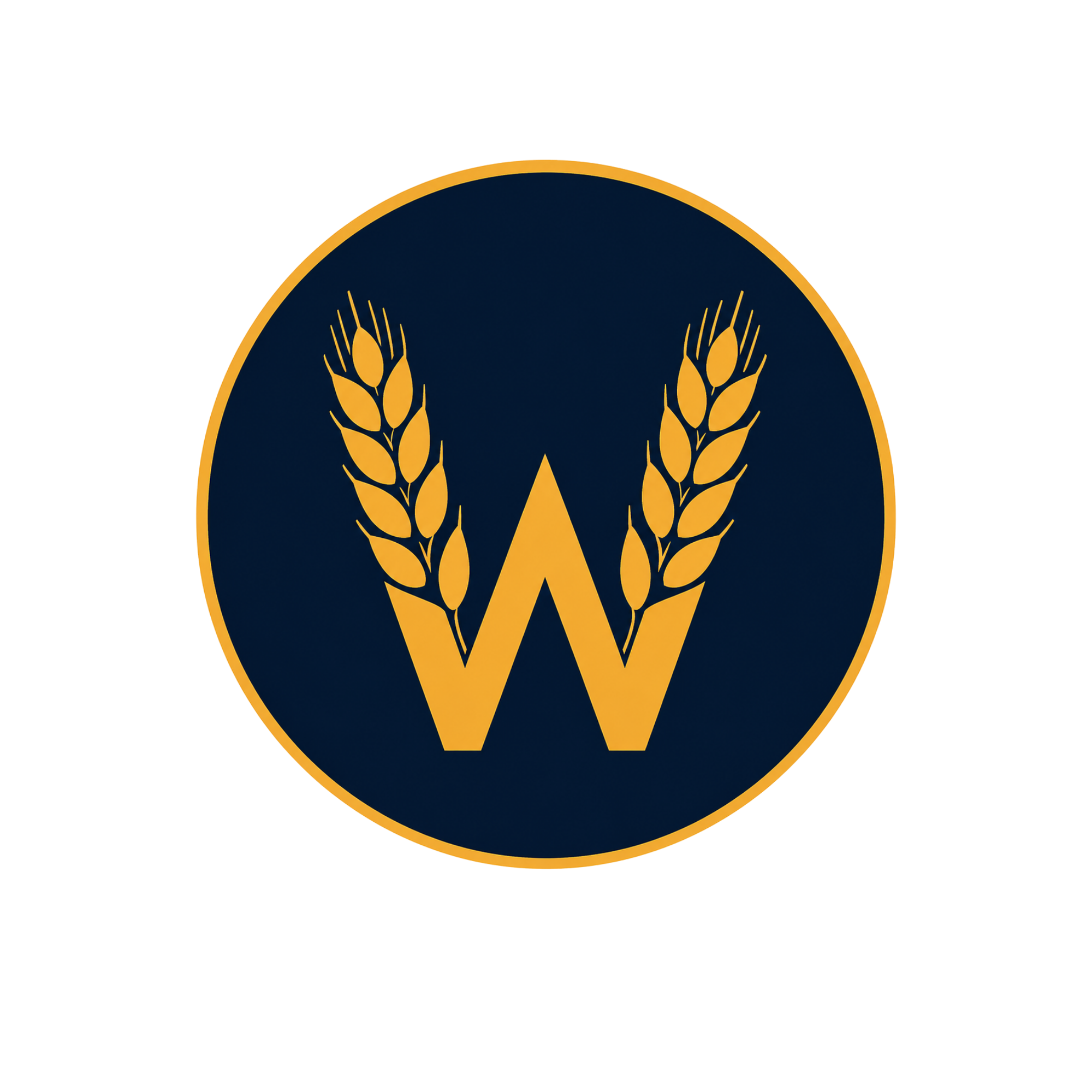 Close-up of a logo featuring wheat sheaves and a star, set on a dark blue circular background with gold border.