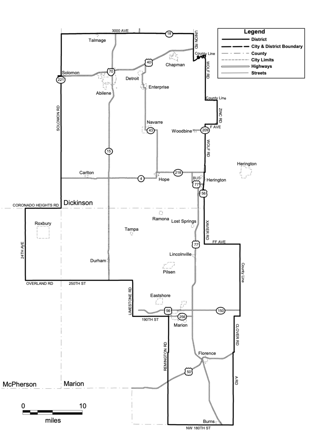 Map of a regional area showing districts, highways, streets, and boundaries, with a legend explaining line styles.