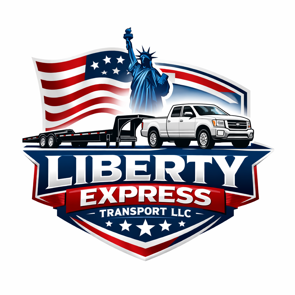 Logo for Liberty Express Transport LLC featuring a pickup truck with a trailer, the Statue of Liberty, and an American flag in the background, with bold text.