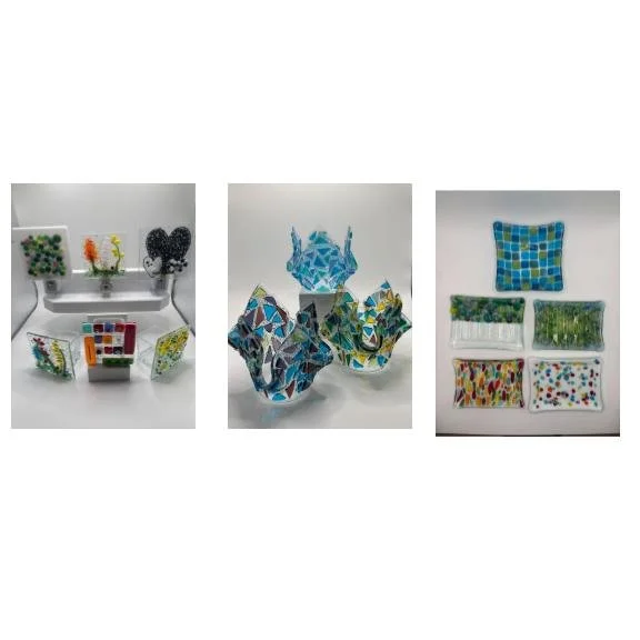 Three sets of mosaic art pieces and decorative objects displayed on a white background. The left set includes small mosaic tables and animals, the middle features blue mosaic animal sculptures, and the right showcases mosaic dishware and a square mosaic pillow.